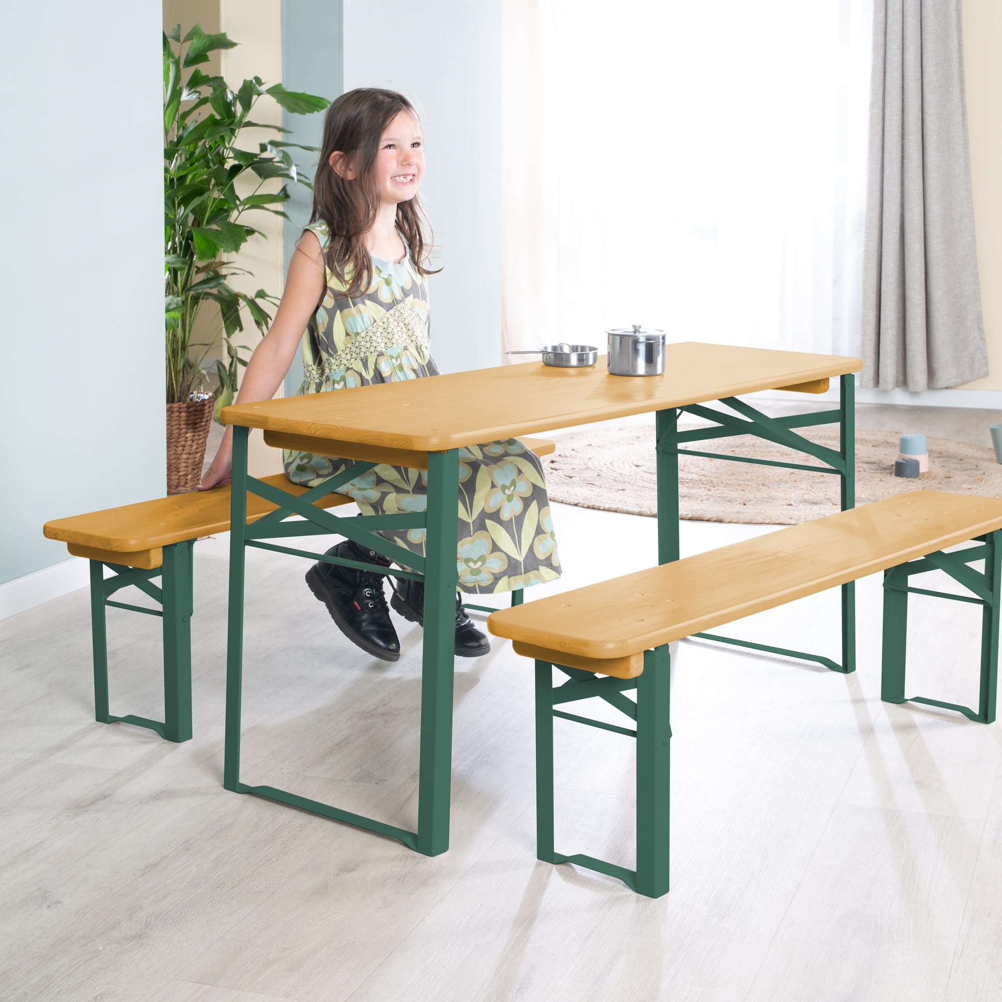 roba Set Tavolo + 2 Panche con Schienale per Bambini - per Giardino, Terrazzo, Aria Aperta - Pieghevole - Salvaspazio - con Angoli Arrotondati - da 24 Mesi - Legno Laccato in Teak
