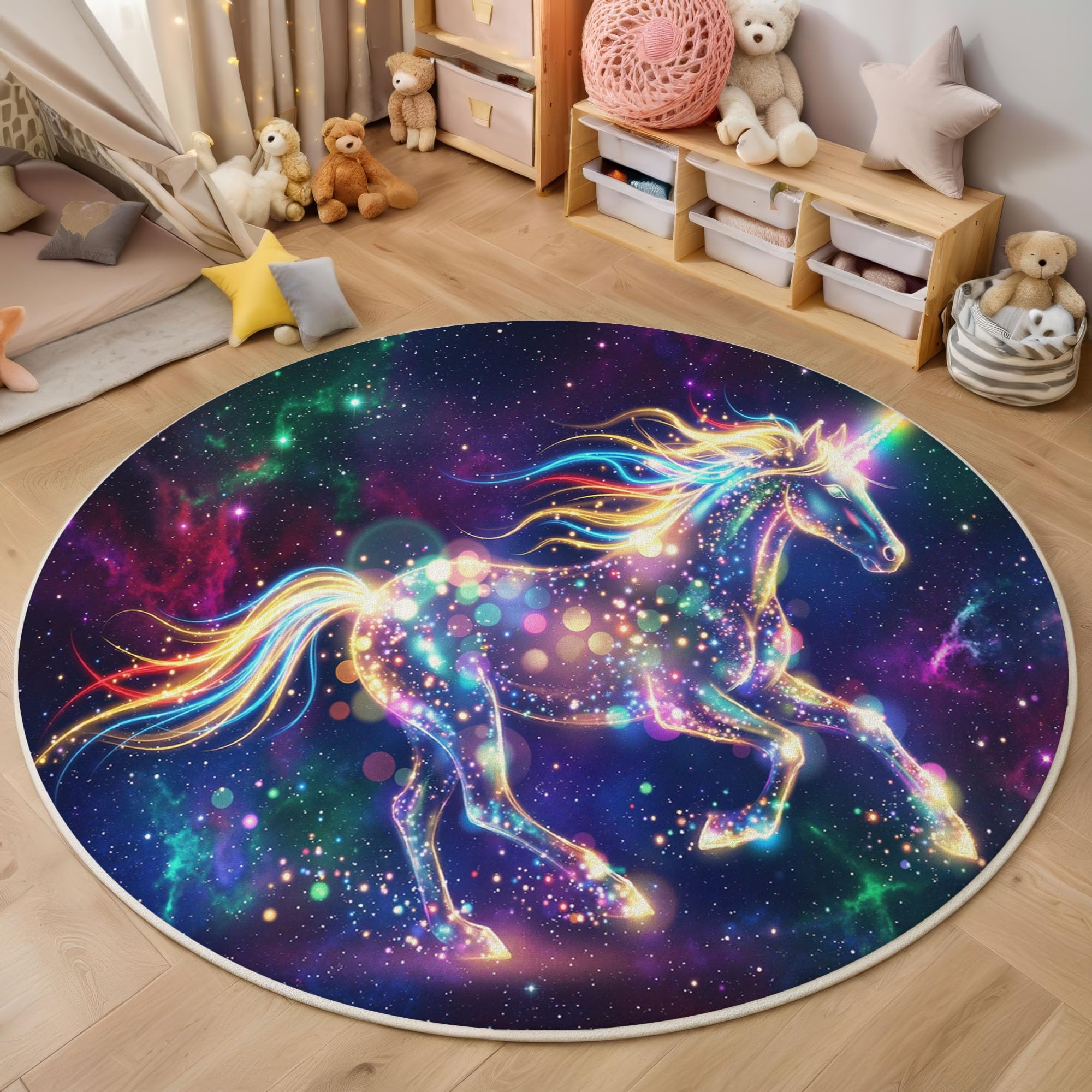 Tapis de haute qualité galaxie licorne grand diamètre 180cm fini soigné