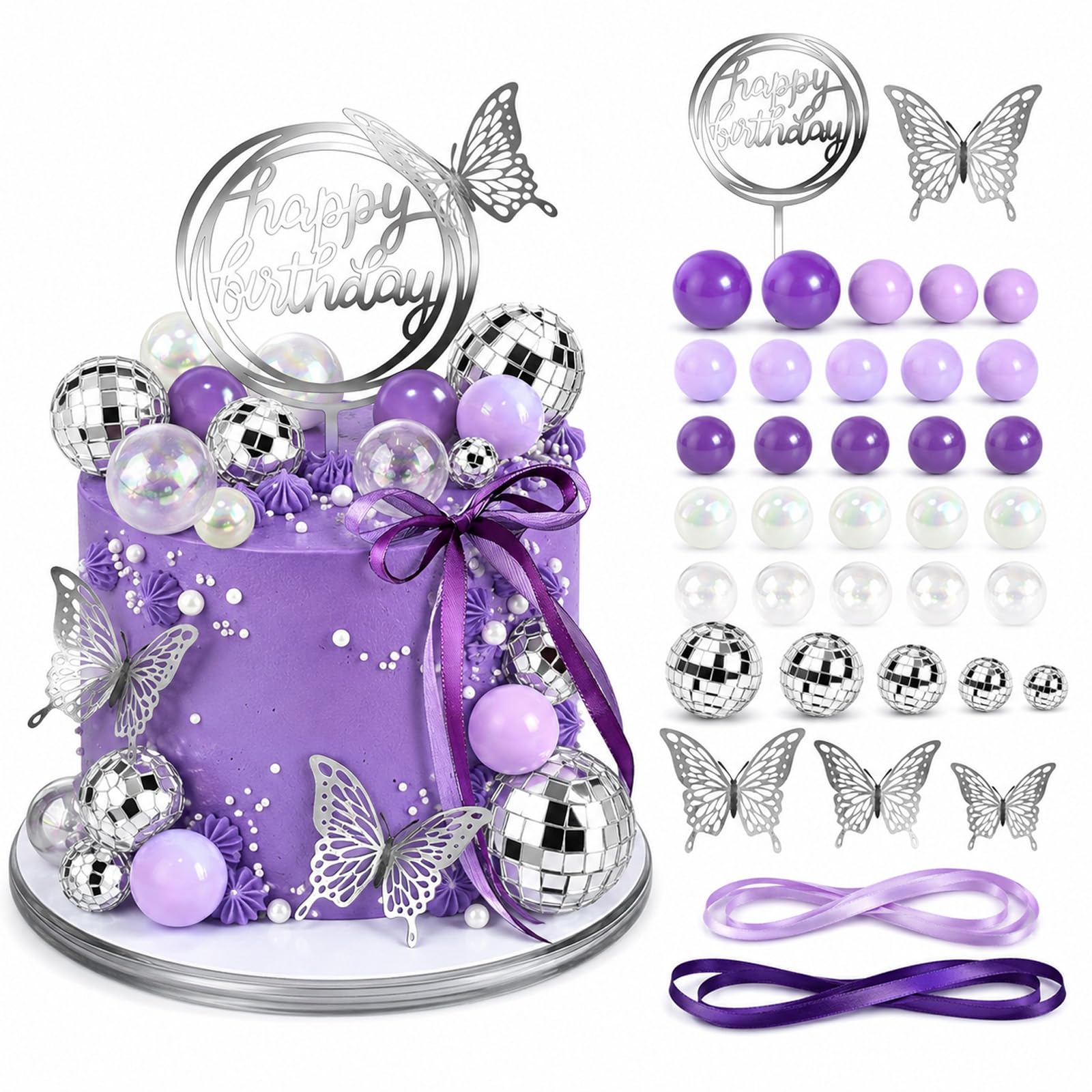 Disco Ball Cake Decorations, Purple Cake Toppers for Birthday, 37Pcs