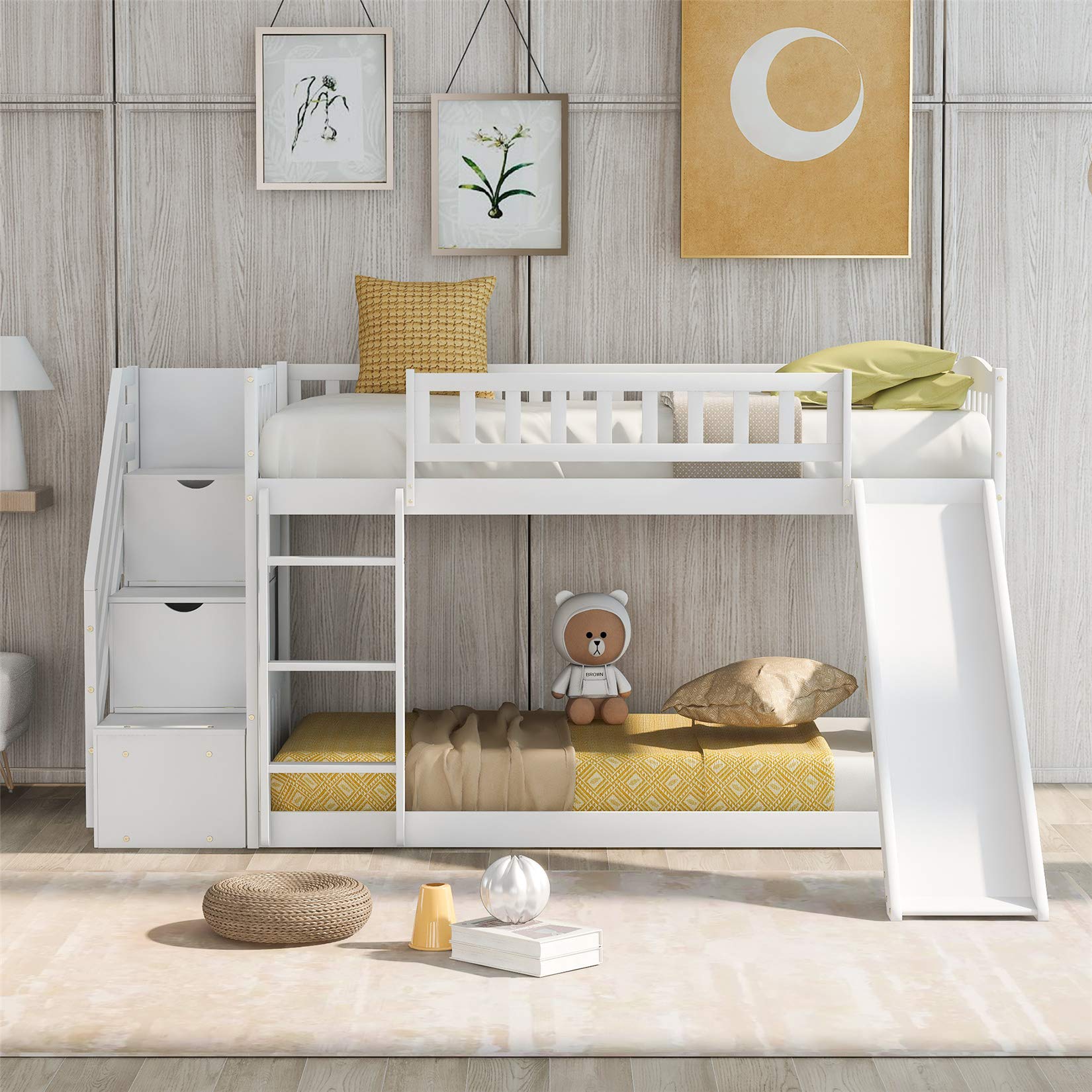 Twin Over Twin Bunk Beds, Low Bunk Bed Frame with Storage Drawers Stairway Wood Bunk Bed with Slide for Kids Boys Girls, White Finish