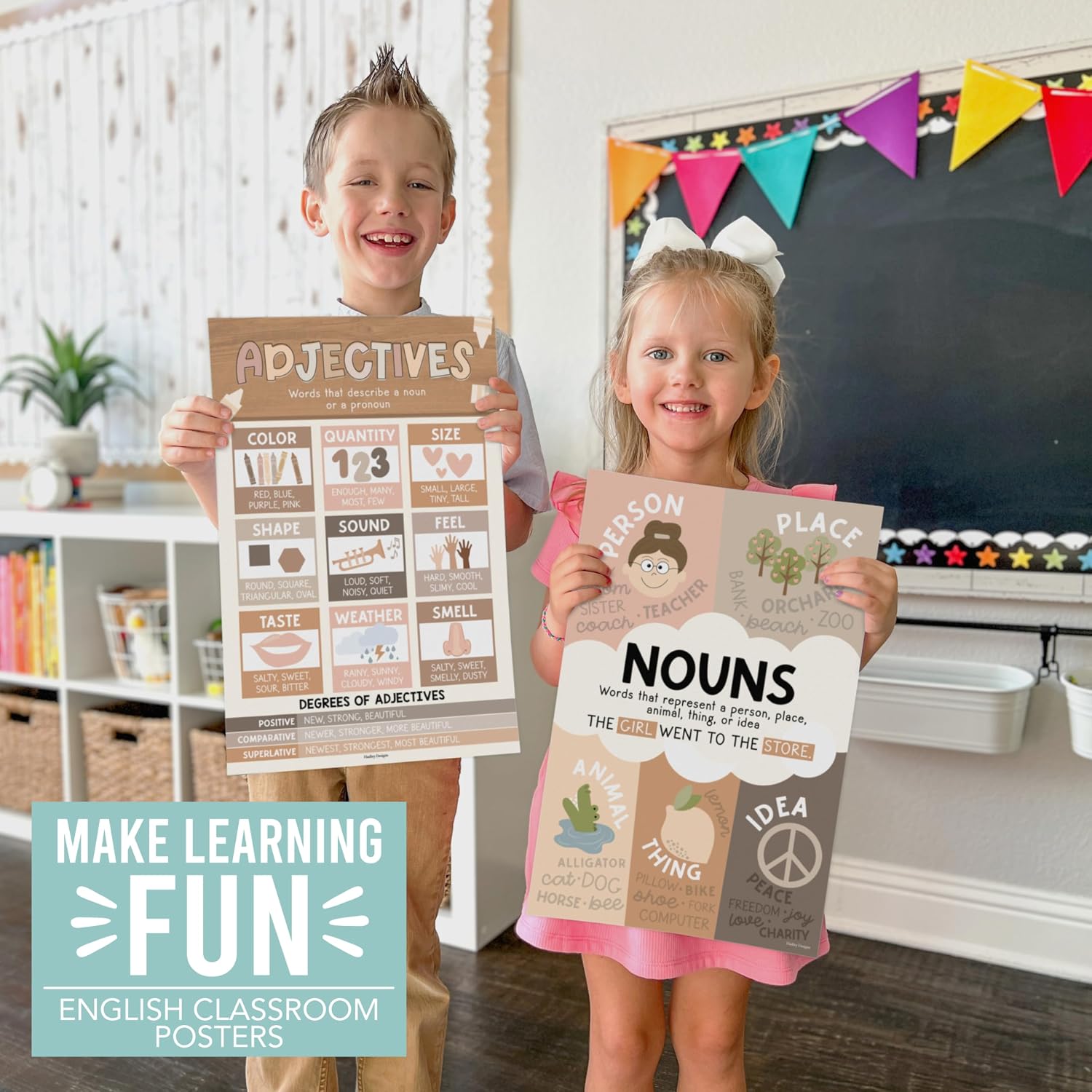 Parts of Speech Posters for Classroom Must Haves - 12 Grammar Posters, Writing Process for Homeschool, Elementary & Middle School, ELA 3rd 4th & 5th Grade Teacher Must Haves, Boho Classroom Decor