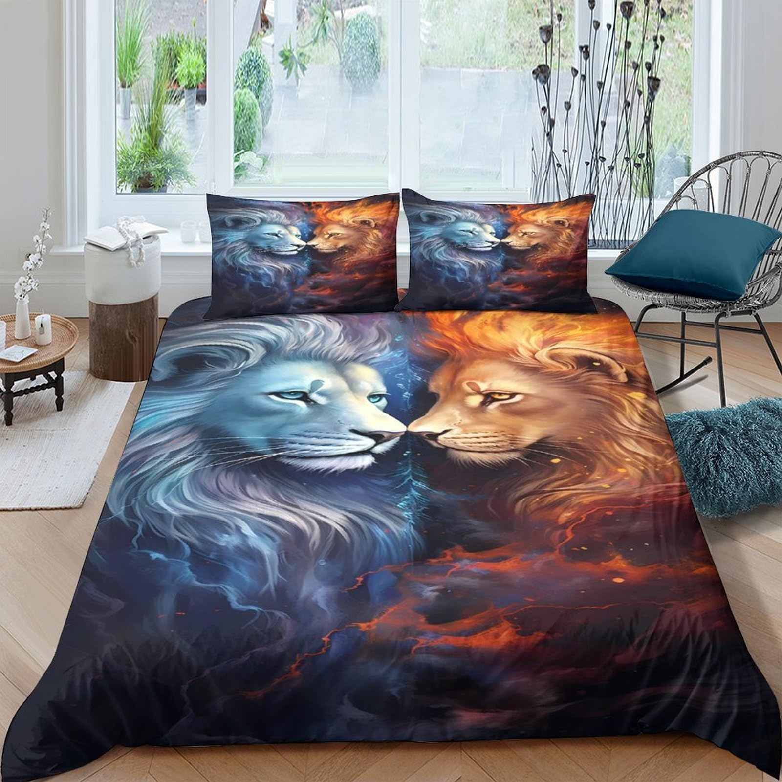 Ctjqhvkz Style-7 3D Printed Blue Fire Lion Fitted Sheet Microfiber Soft Bedroom Dorm Mattress Cover Anti-Slip Easy Care Decor Single（135X200cm）