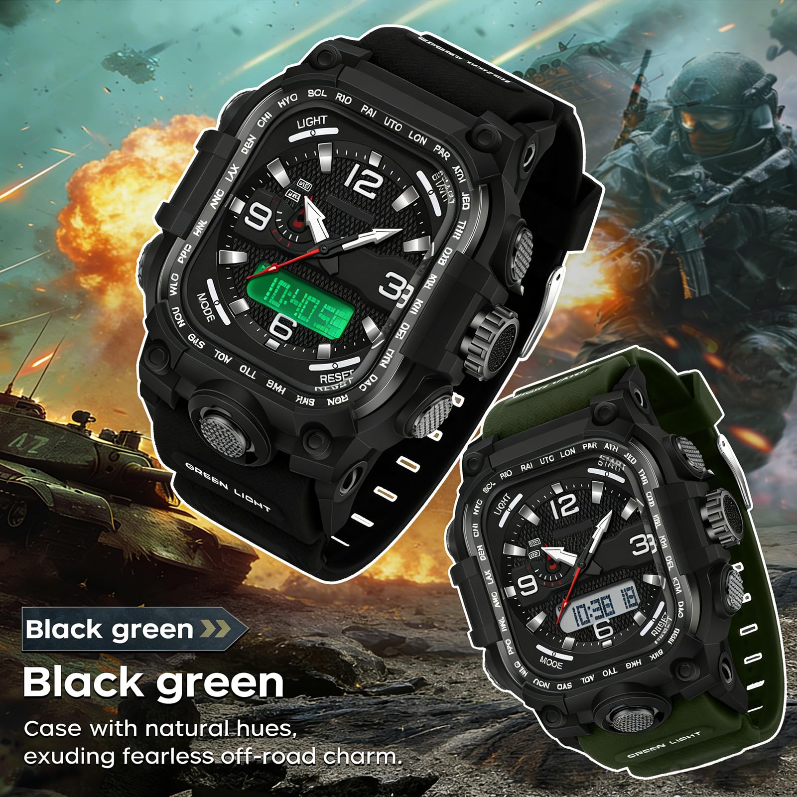 findtime Orologio da polso da uomo, stile militare, quadrato, digitale, analogico, design sportivo, impermeabile fino a 5 ATM, illuminazione, data 12/24 h, cronometro e tre fusi orari