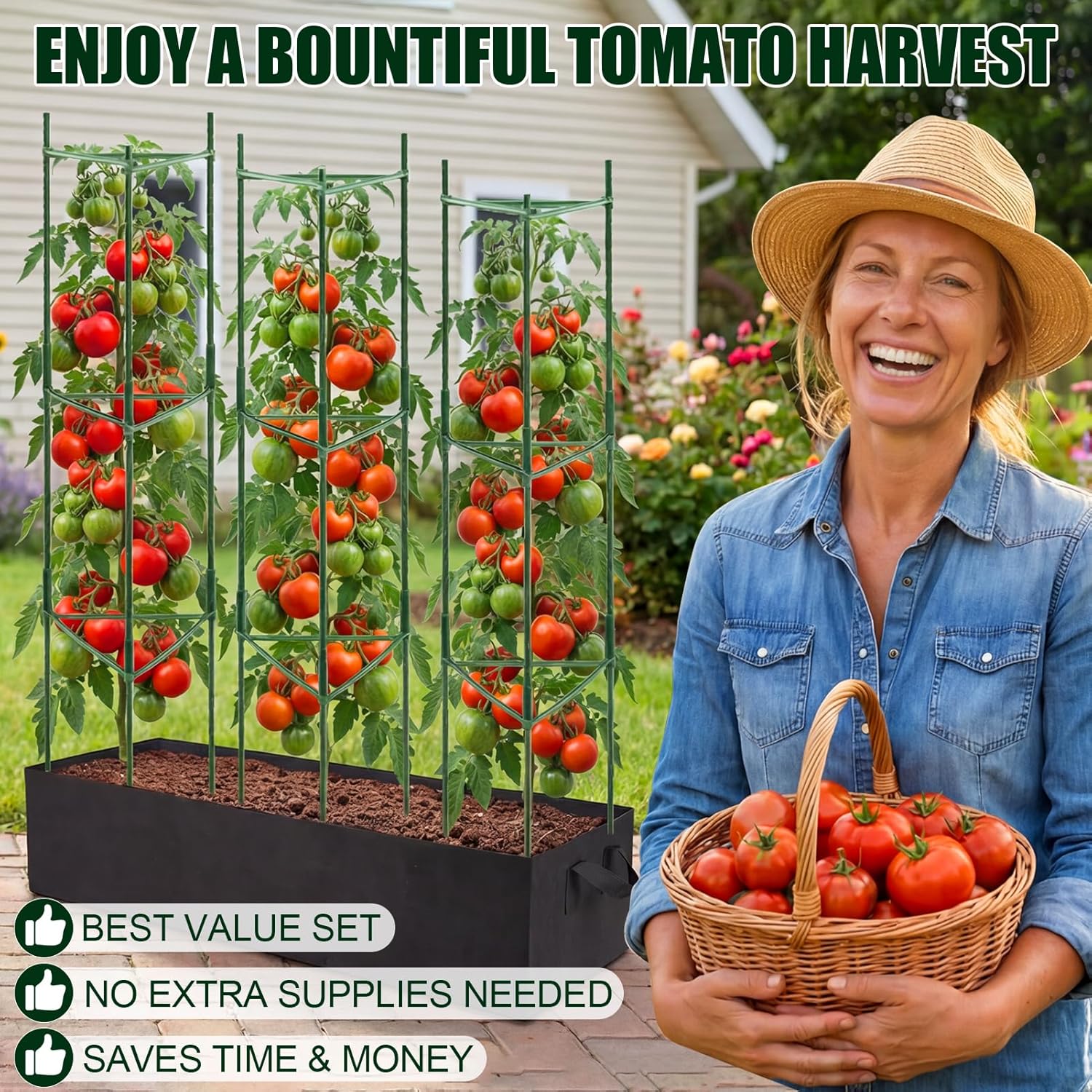 3-Pack Tomato Cages with 57 Gallon Raised Garden Bed - 48" Anti Collapse Heavy Duty Plant Support Trellis for Climbing Vegetables Plants Flowers ,Adjustable Vertical Tomato Trellis for Garden Balcony