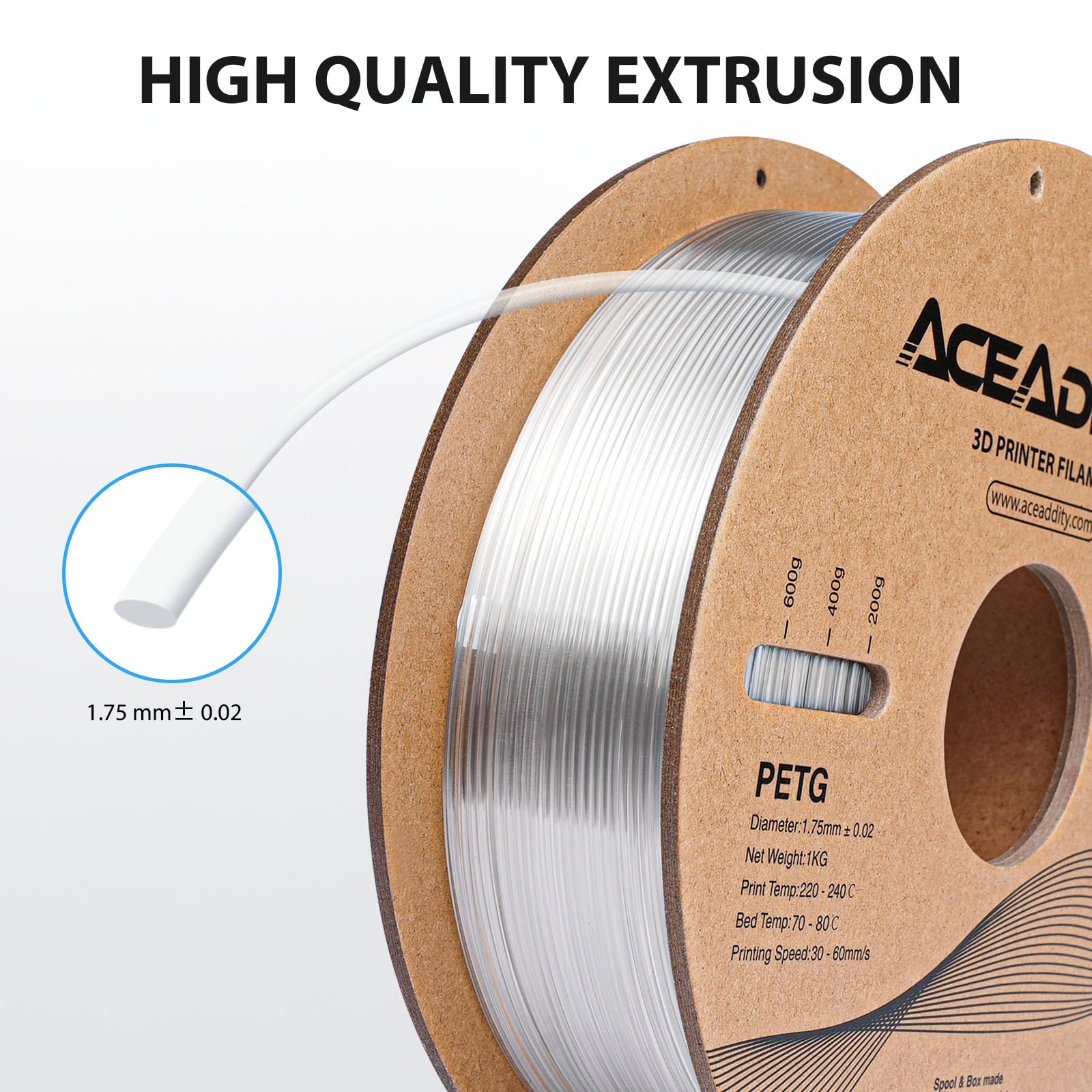Filamento de PETG de 1,75 mm PETG de impresión 3D, compatible con la mayoría de impresoras 3D FDM Neptune 2 / Neptuno 3 / Ender 3 / Precisión dimensional ± 0,02 mm, bobina de 1 kg (2 kg)