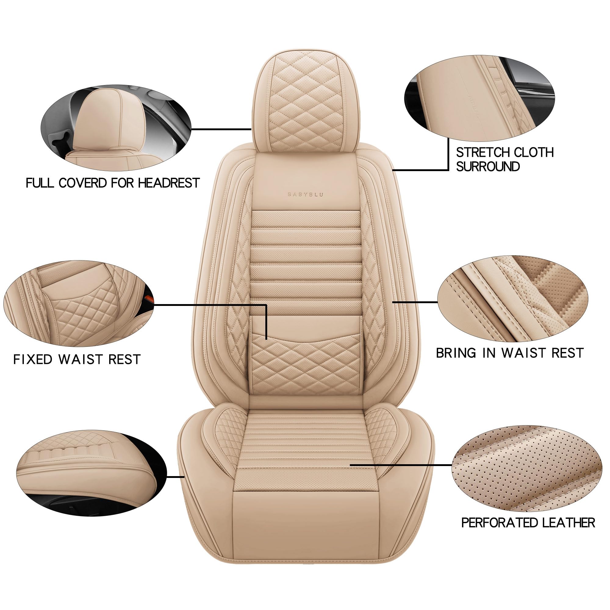 BABYBLU Coprisedili per auto in finta pelle, copertura completa, universali, adatti per auto, SUV, pick-up con similpelle impermeabile, accessori interni (set completo, beige)