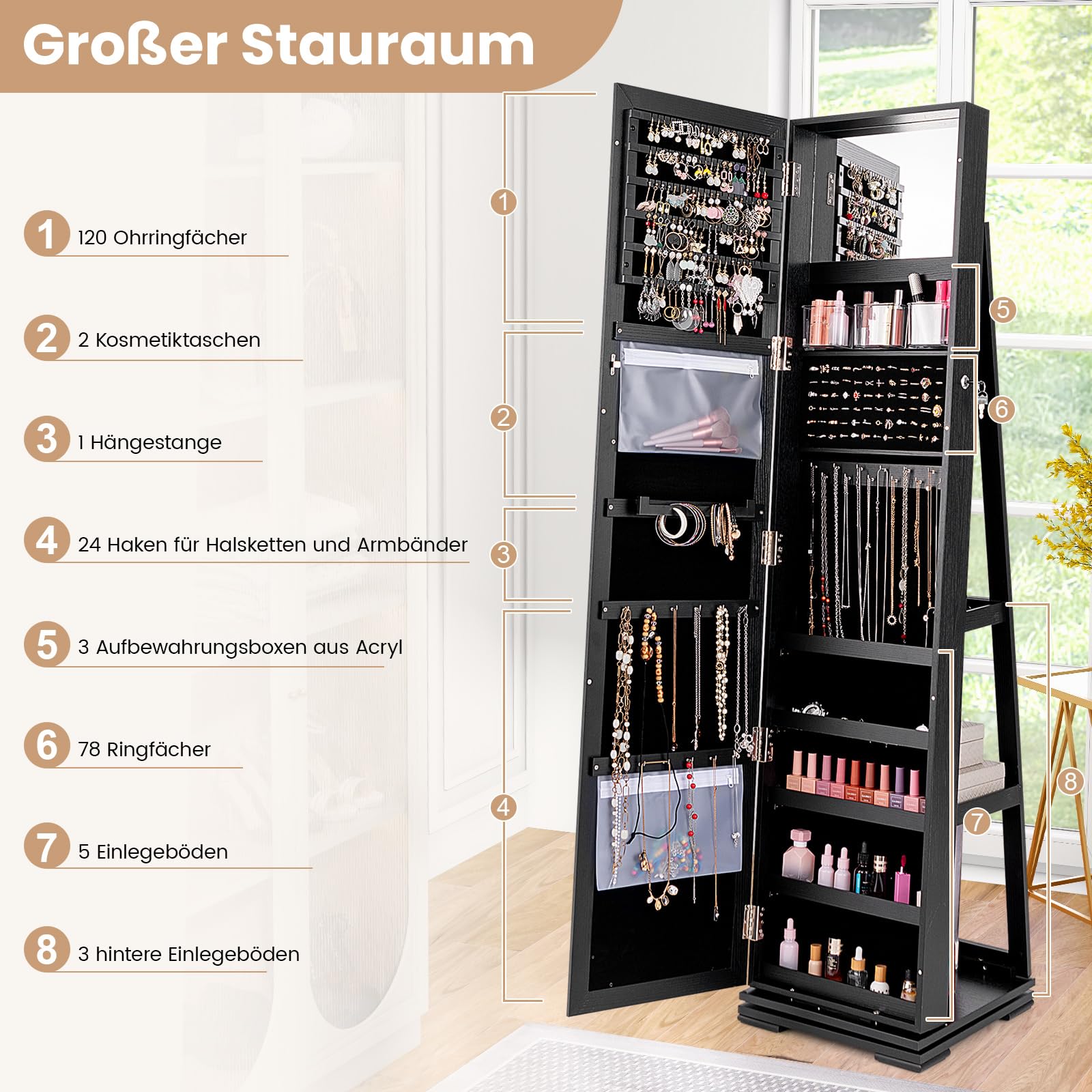 COSTWAY Sieradenkast, spiegelkast met full-body spiegel en geïntegreerde make-upspiegel, afsluitbaar, staand, sieradenopslag, sieradenorganizer (zwart