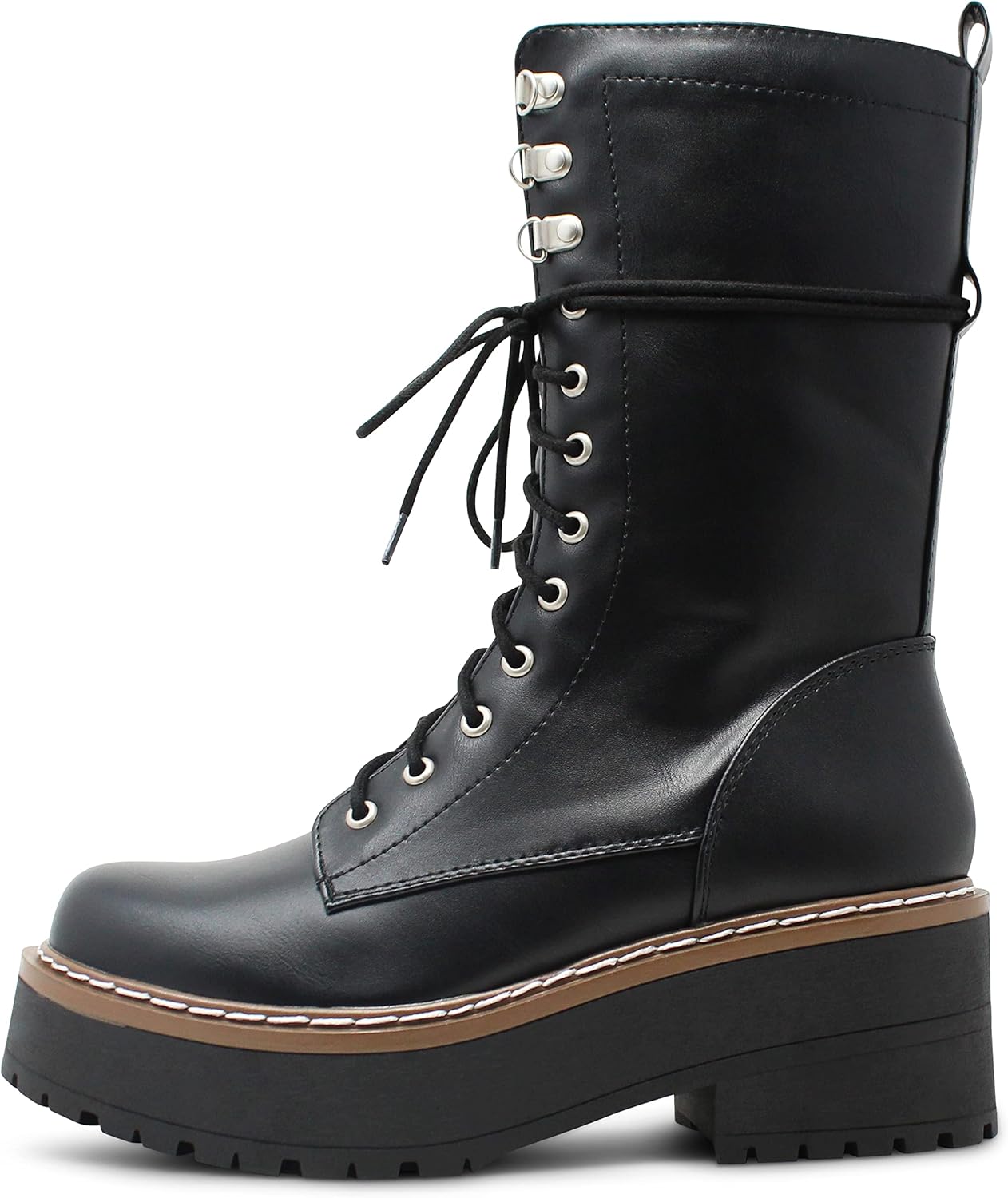 Soda Women's Round Toe Mid Calf Medium Chunky Heels Lace Up Combat Boots - (Black PU) - 8