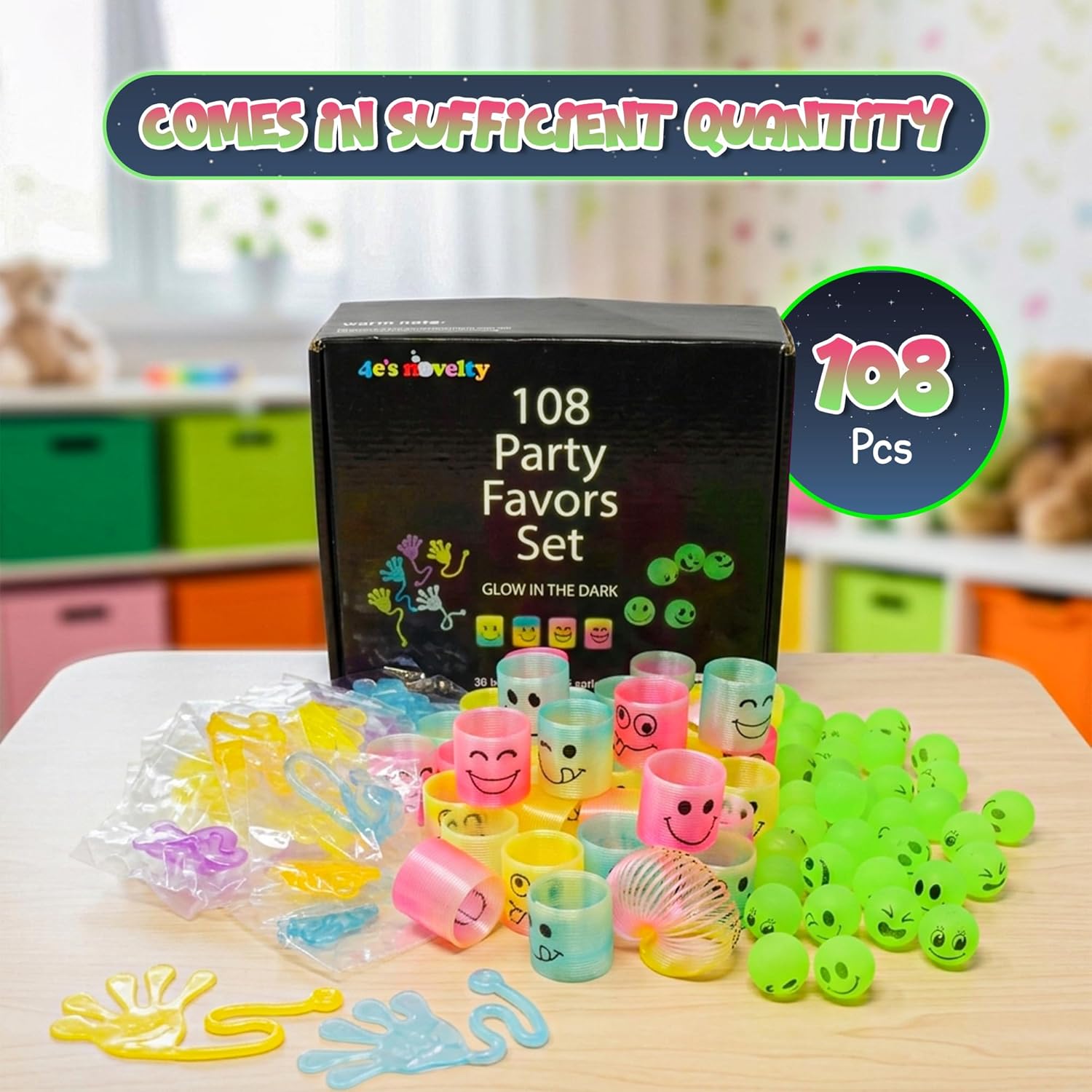 4E's Novelty 108 Pcs Glow in The Dark Toys - 36 Bouncy Balls, 36 Coil Spring, 36 Sticky Hands, Bulk Party Favor or Kids Goodie Bags Birthday Party Supplies, Easter Egg Filler & Basket STuffers