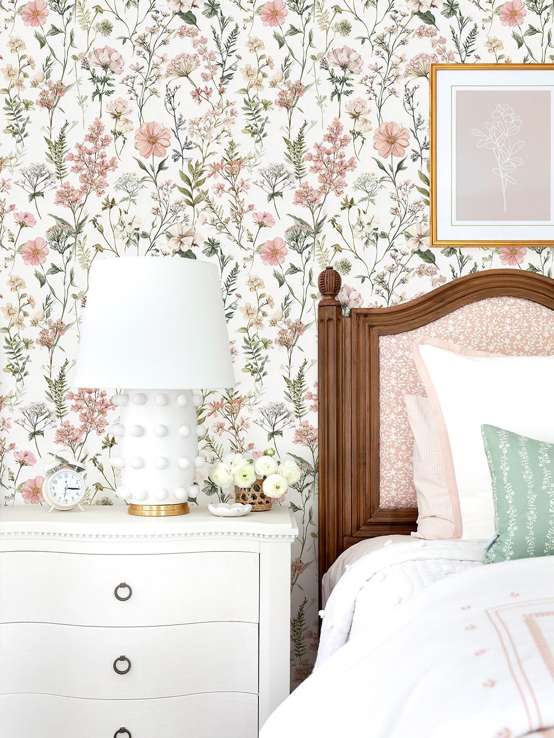 Orainege Pink Floral Peel and Stick Wallpaper Removable Self Adhesive Wallpaper 16.9inx118.1in Modern Wall Paper for Bedroom Bathroom Green Leaf Contact Paper for Cabinets