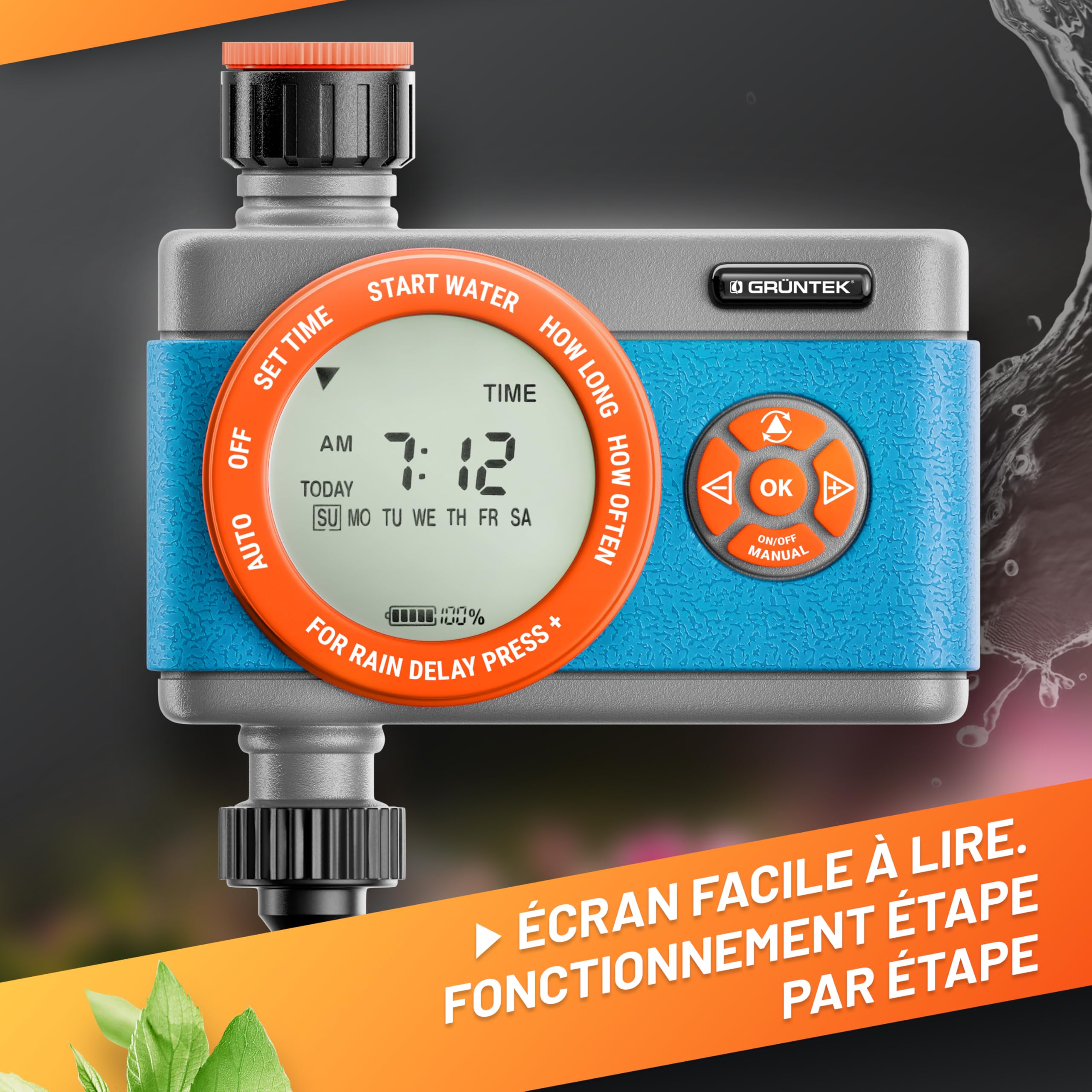 GRÜNTEK Digital watering computer - Flexible watering computer & timer (1-360 min) - Automatic watering of plants, lawns and green areas - Universal click system & metal filter