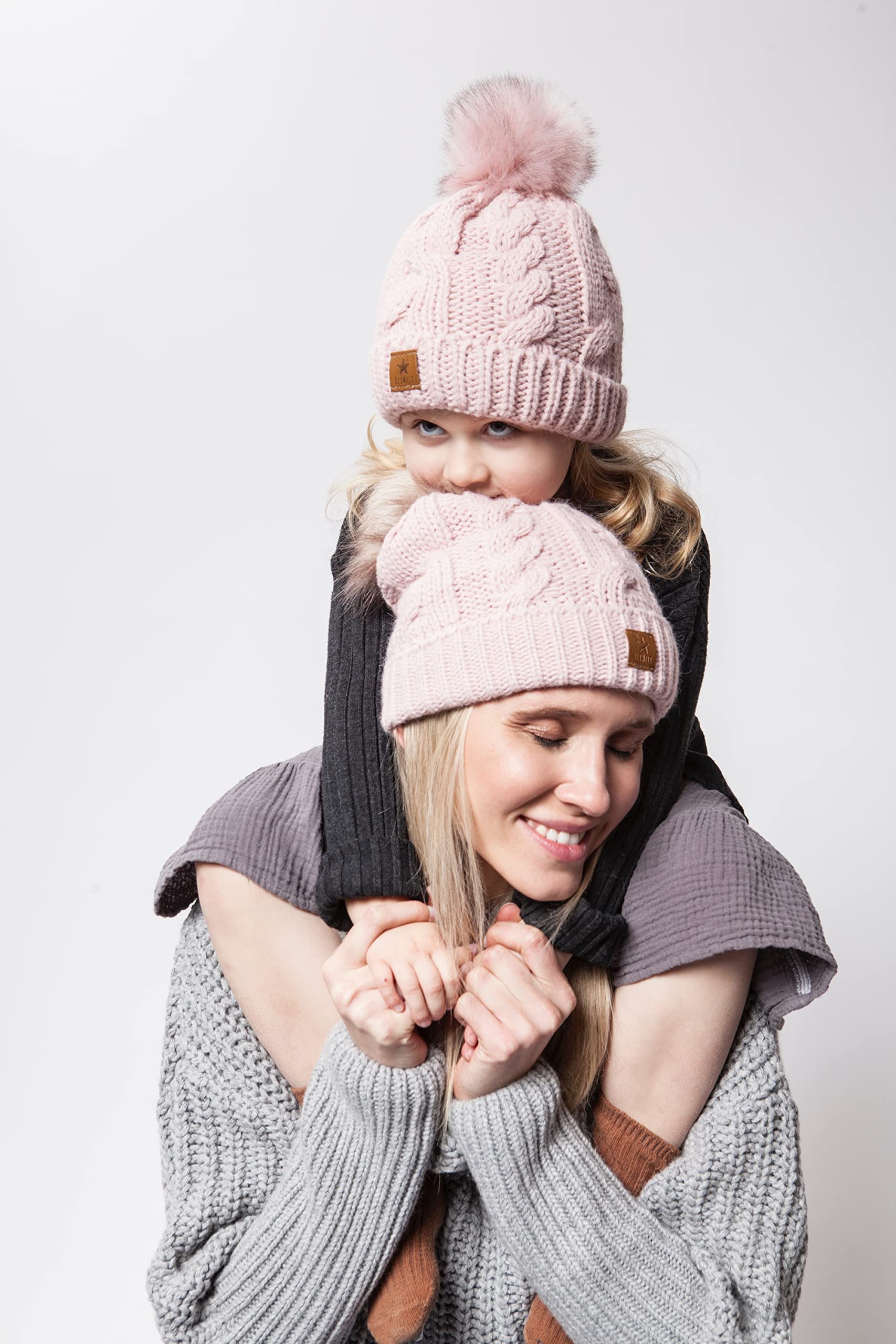 ELIMELI Eltern-Kind Mütze Mädchen Warme Wintermütze für Mutter und Tochter Mütze Damen Winter mit Kunstfell Bommel Slouch Strick Beanie Damen Bommelmütze Kinder Mama und Baby Cap Set 1