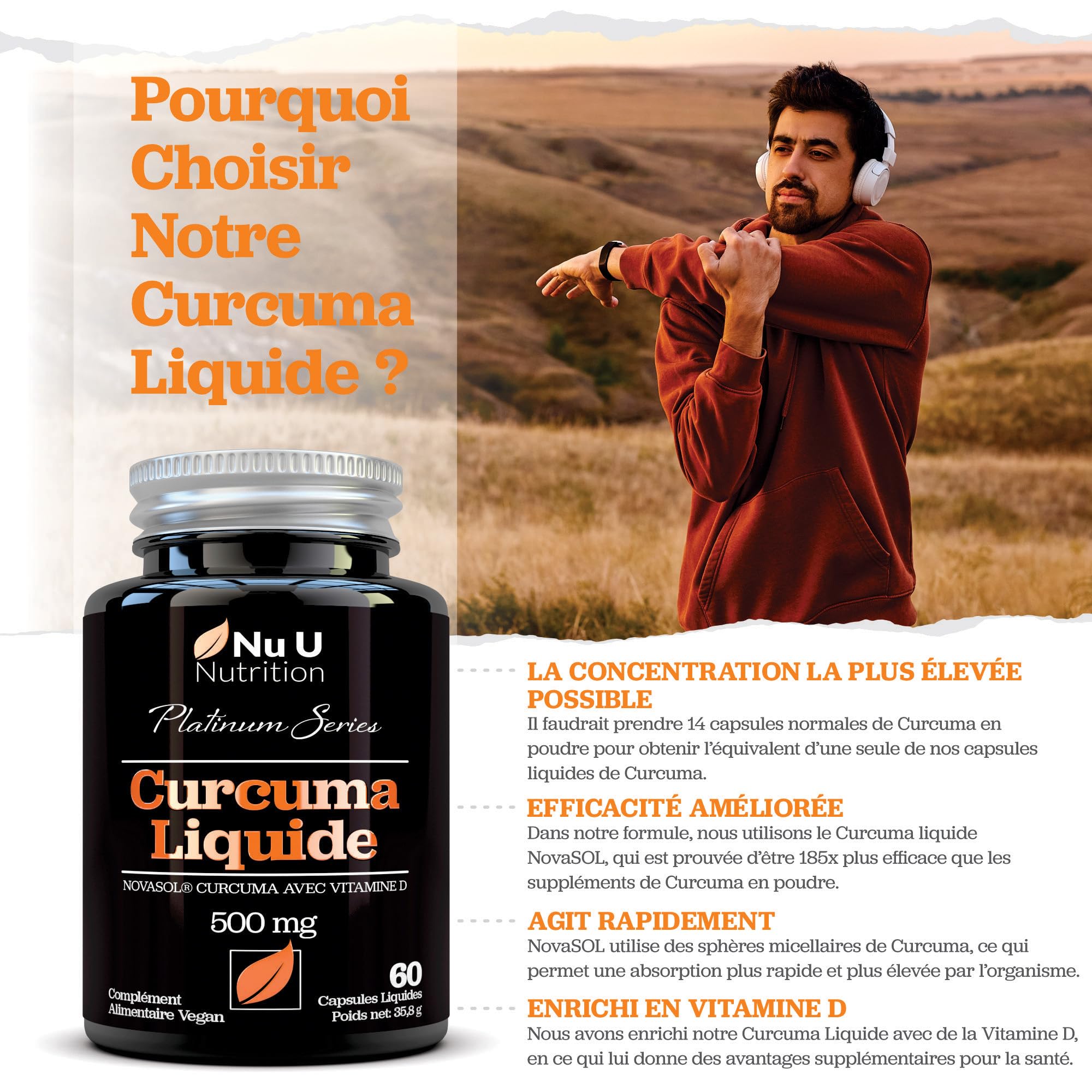 Turmeric Curcuma Capsules (Liquide) avec Vitamine D 185 plus de Biodisponibilité NovaSOL® Curcumine, 60 Capsules, Premium Turmeric Curcumine Liquide de Forte Puissance, pas de Comprimés