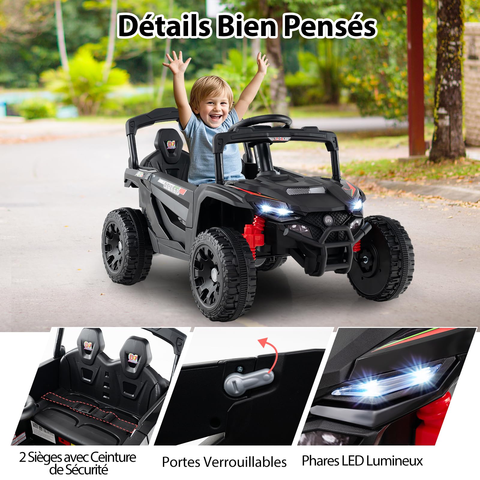 GOPLUS Voiture Electrique Enfants 2 Place avec Télécommande, Quad 4x4 Electrique Enfants 12V avec Démarrage Lent, Musique, Klaxon et Phares pour Enfants de 3+ Ans, Charge 30KG (Noir)