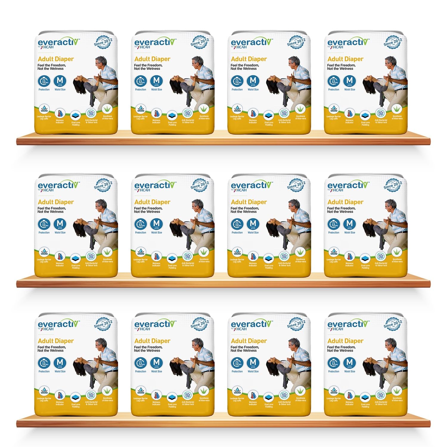 Everactiv by HCAH Adult Diaper Medium Size M Leakproof for Waist 28-45 inch with 10 hr Absorption Protection and Wetness Indicator, Unisex with Goodness of Aloe Vera, 120 Units, Pack of 12 (B0D2ZWCN5X) Amazon Price History, Amazon Price Tracker