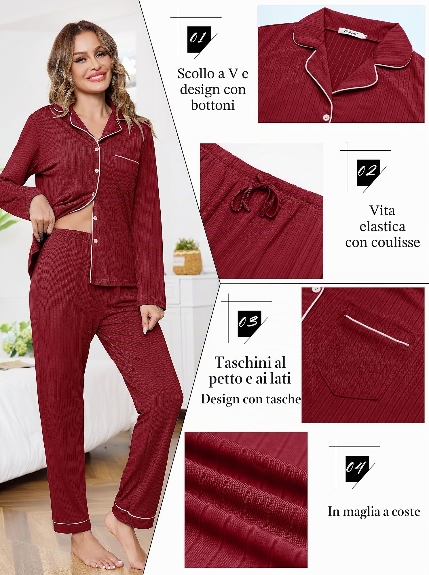 Wikoan Pigiama da Donna Set Pigiama Invernale Pigiama a Righe Maniche Lunghe e Pantaloni Lunghi S-XXL