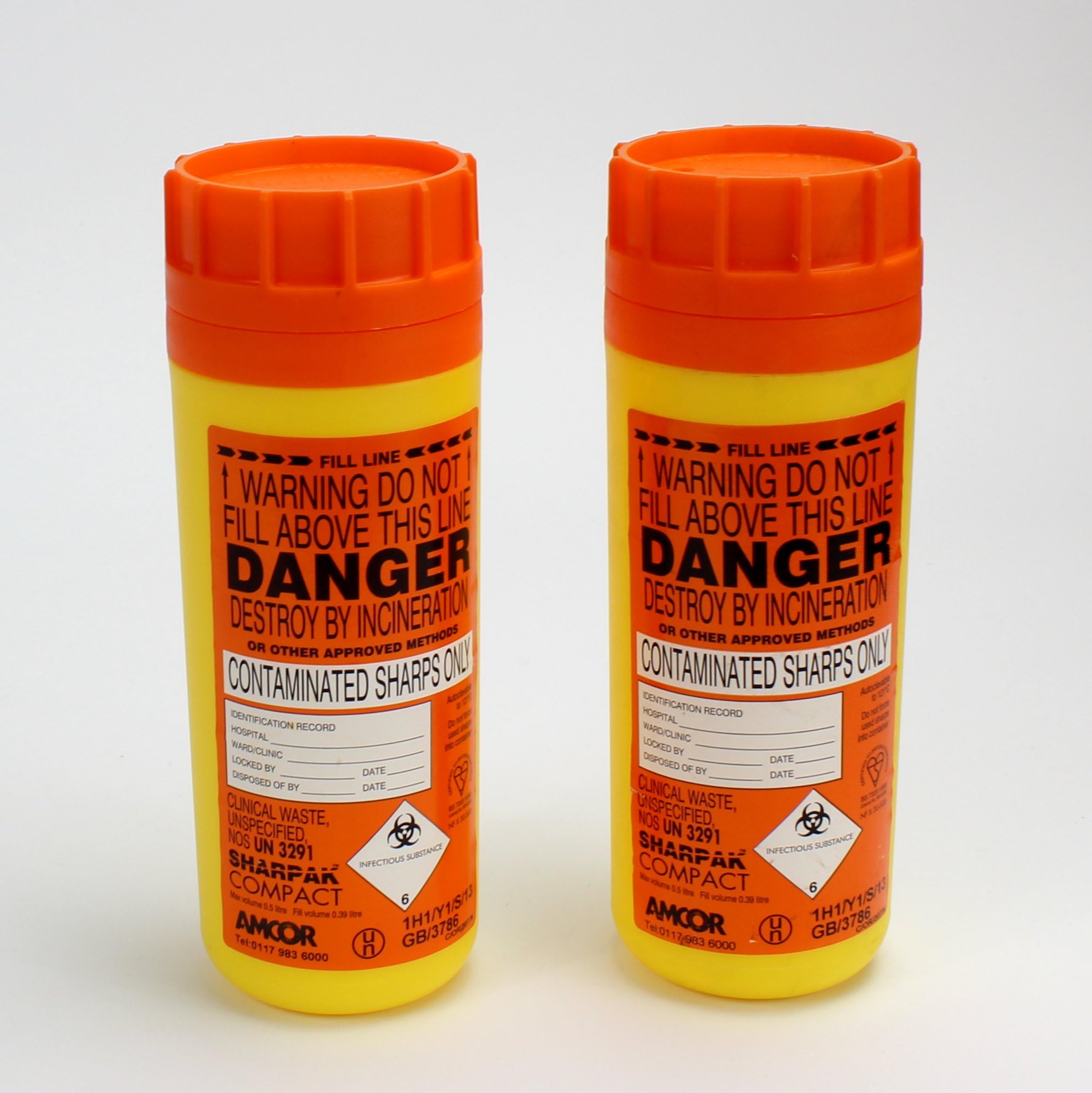 2x Sharpak Compak Sharps Bins. 500ml