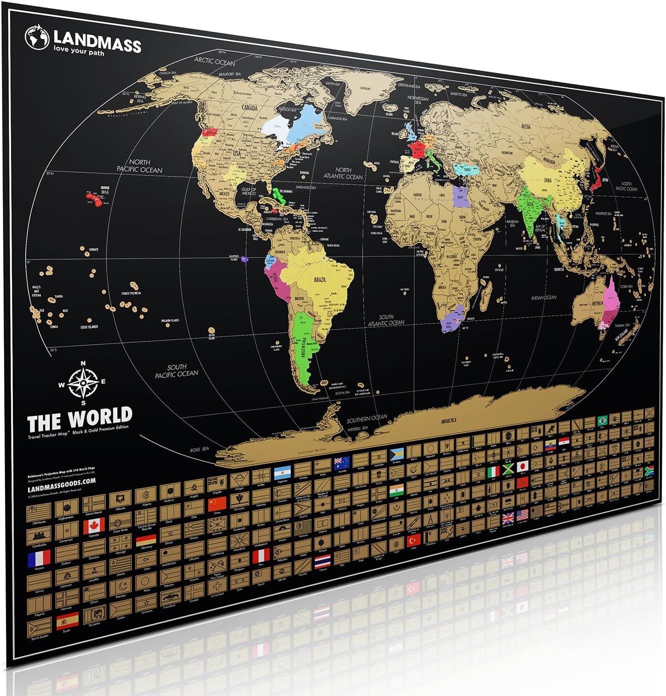 Landmass Mapa del mundo para rascar, decoración de póster grande para viajeros, 91 x 61 cm | La cartografía detallada incluye fronteras de países, banderas y capitales mundiales