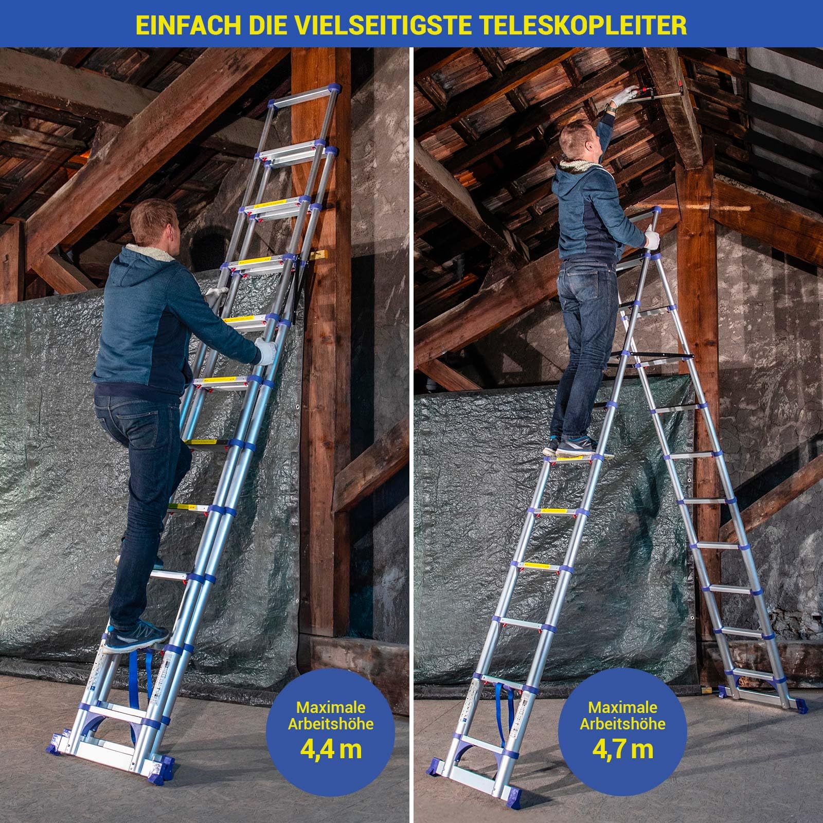 HOSTRÖM Teleskop-Trittleiter 11 Stufen EXTENDACT11, Teleskopleiter 3.2m+2.9m, Faltbare Trittleiter, Stabilisator, Max. Arbeitshöhe 4.7m, 5 Jahre Garantie