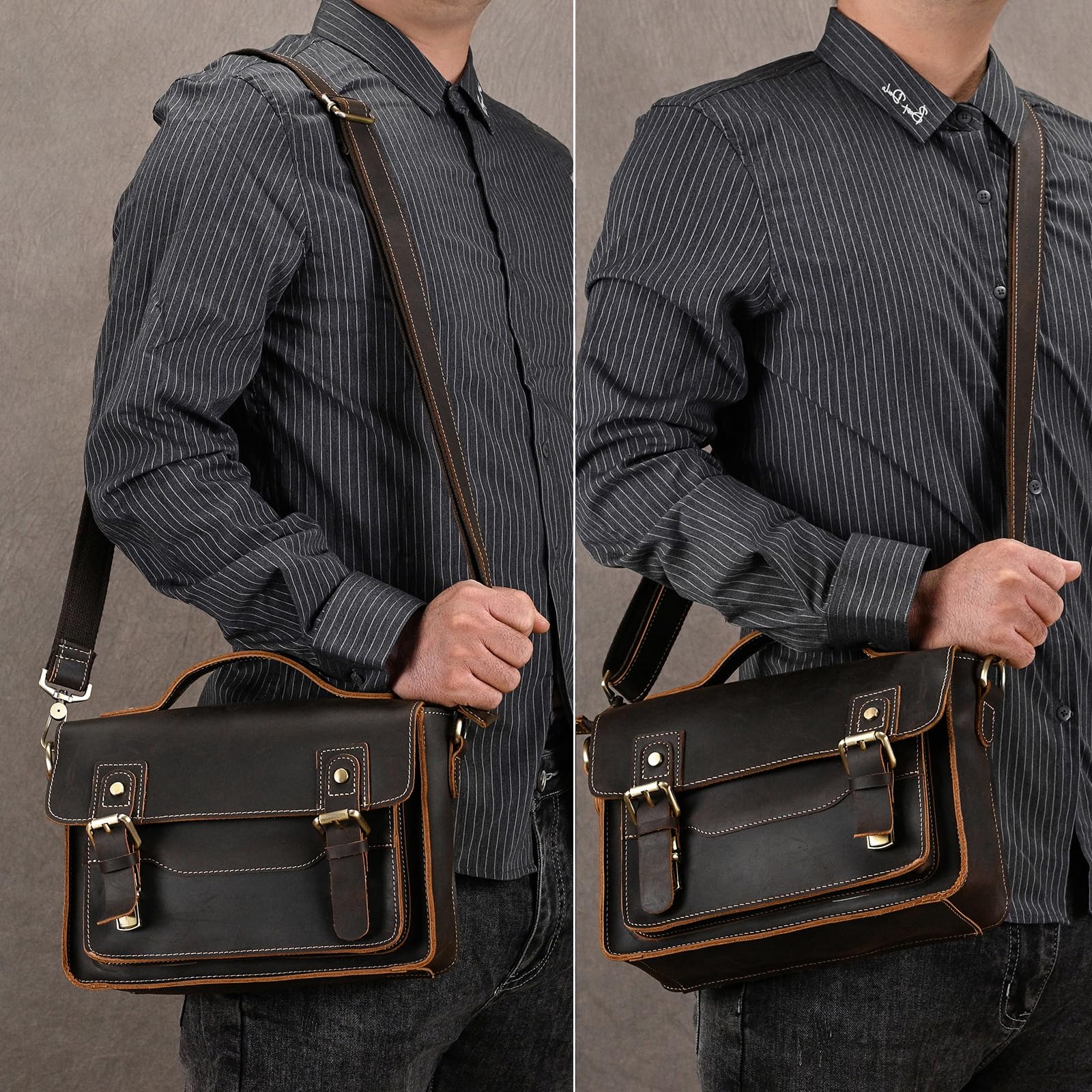 Bolso bandolera de piel auténtica para portátil de hasta 9,7 pulgadas con correa para el hombro, bolso de trabajo, bolso de mano, 9505 marrón oscuro, 9505 Marrón Oscuro