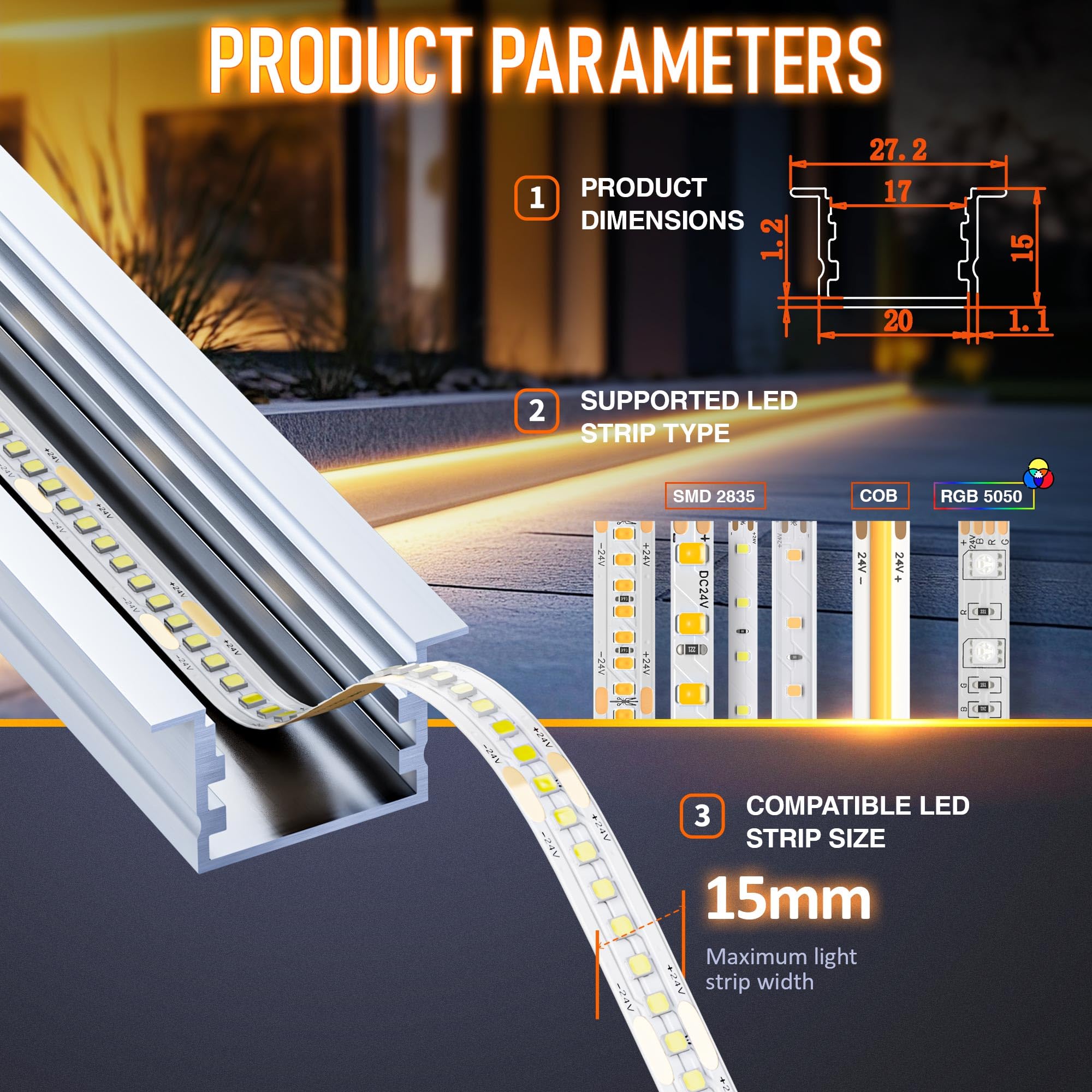 Profil LED 2m×15 aluminiowy w kształcie litery U z mleczno-białą osłoną, szyna aluminiowa do taśm LED, profil aluminiowy do pasków LED, kanał świetlny z dyfuzorem