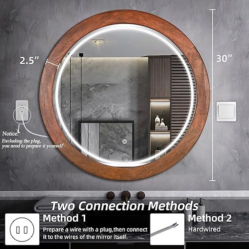 Miniatura 2 de Espejo redondo LED de baño de 30 pulgadas con marco de madera de nogal, espejo inteligente iluminado para pared, espejo de marco rústico con luz