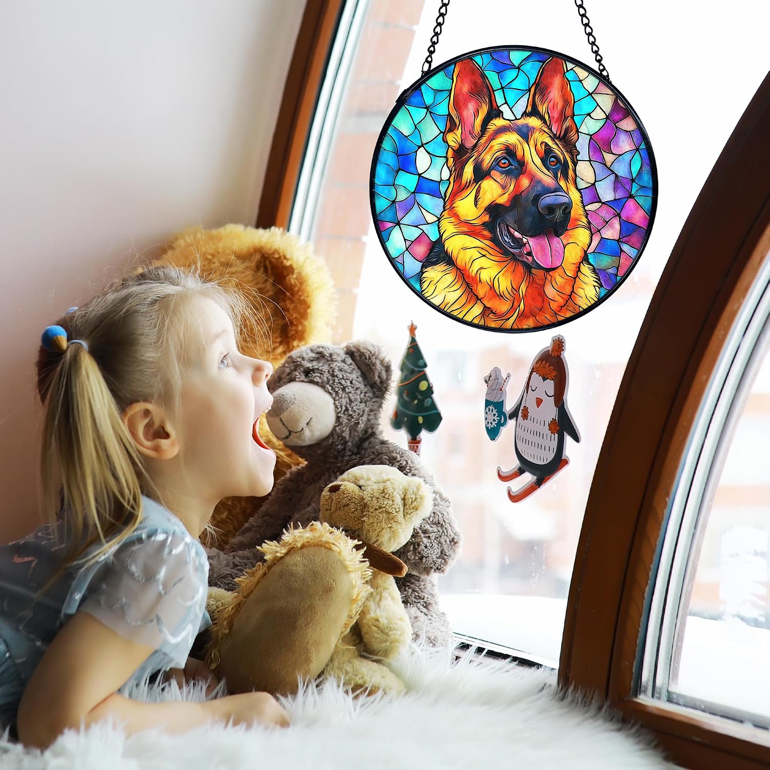 TNUW German Shepherd Dog Stained Glass Window Hanging, German Shepherd Gifts Sun Catchers Indoor Window Glass Round Wall Art Decor, Dog Wall Hanging Decorations, 7.9＂x7.9＂