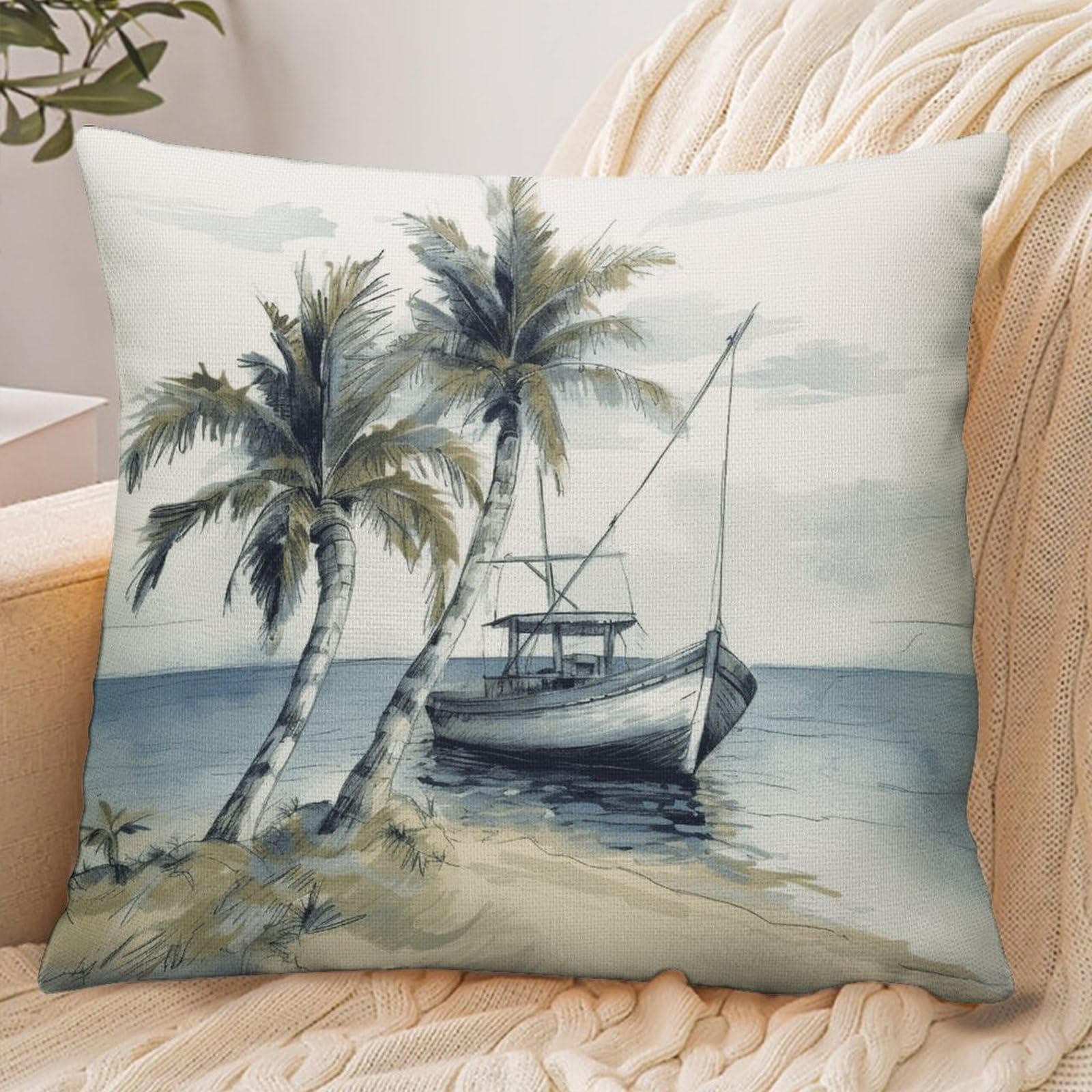 Fekiloot Style Palm Trees Fishing Boat Pillowcase Pillow Sham Pillow Case