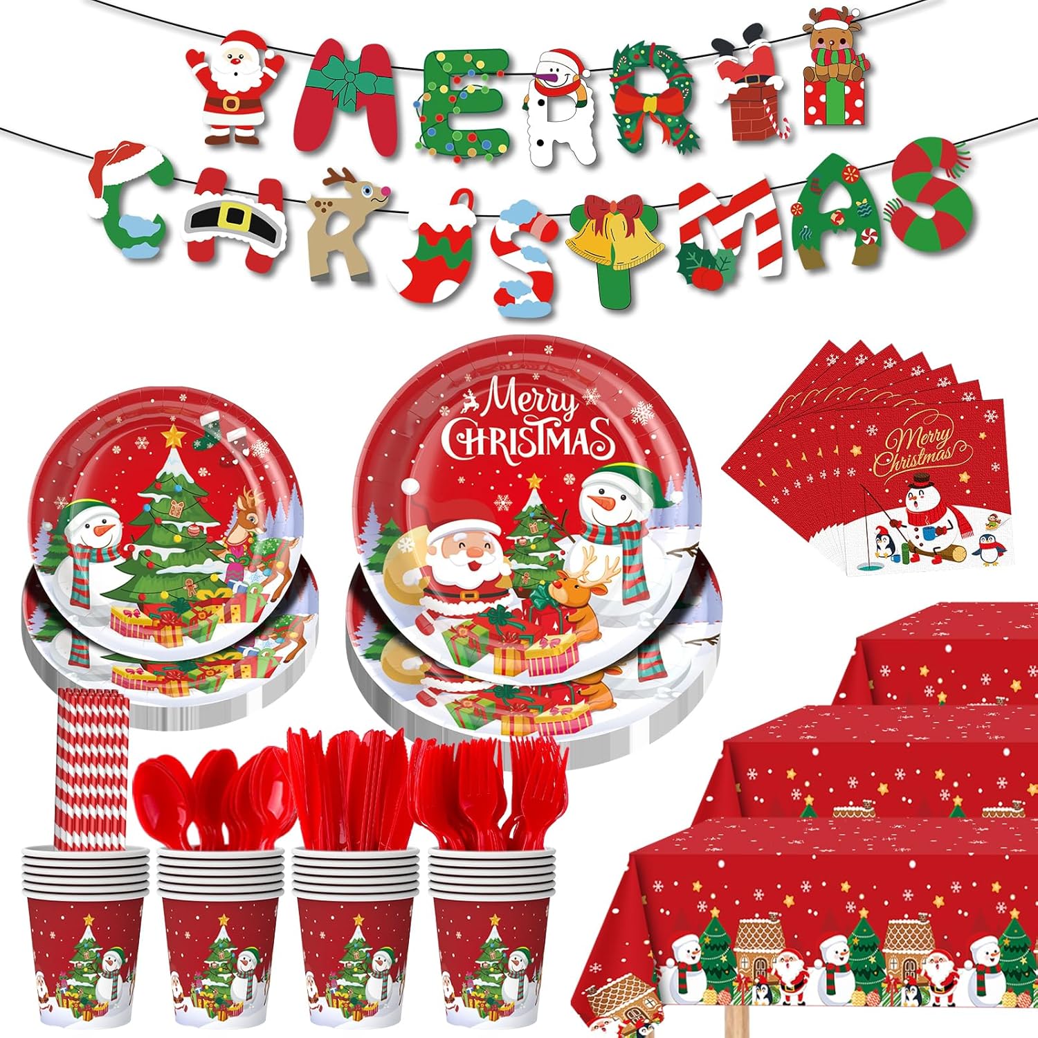 196 Pcs Christmas Party Decorations Supplies Christmas Dinnerware Sets for 24 Guests – Party Disposable Tableware Set – Plates, Napkins,Cups,Cutlery,Forks and Tablecloth for Xmas Party Decorations 196 Pcs Christmas Party Decorations Supplies Christmas Dinnerware Sets for 24 Guests – Party Disposable Tableware Set – Plates, Napkins,Cups,Cutlery,Forks and Tablecloth for Xmas Party Decorations