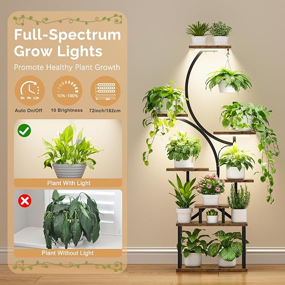Plant Stand Indoor with Grow Lights - 62 Tall Plant Shelf, Lighted Corner Plant Stands for Indoor Growing, 8 Tiered Large Flower Holder Bundle with 63 Half-Moon Plants Stands Indoor with Grow Lights