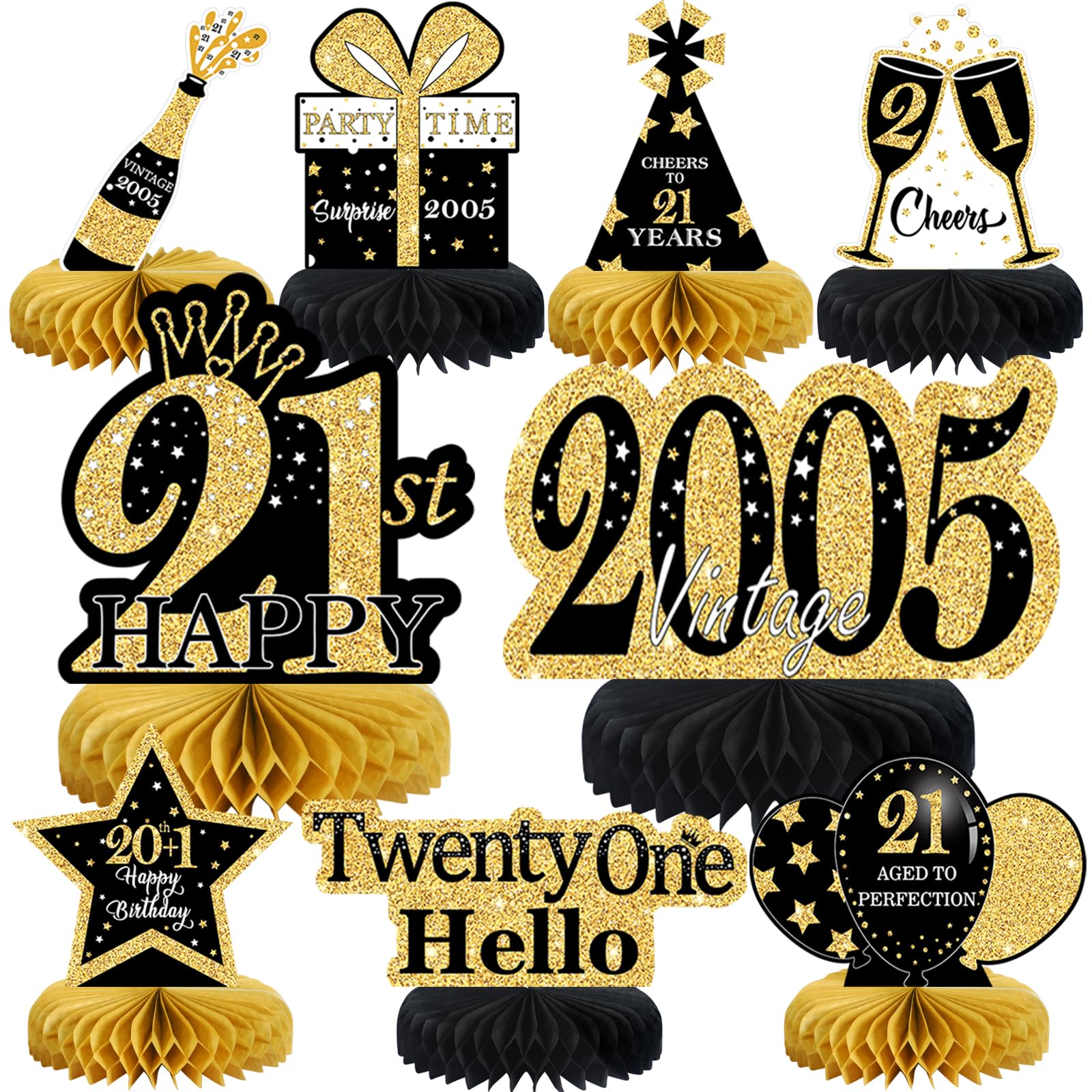 9Pcs Black Gold 21st Birthday Decorations Honeycomb Centerpieces for Girls,Happy 21st Birthday Centerpieces Tables Toppers Party Decorations Supplies,Vintage 2005 Aged Table Sign Decor