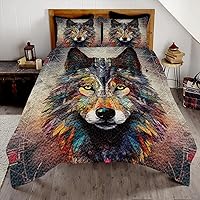 Vista 8 de Juego de edredón con patrón de lobo personalizado, ropa de cama tamaño King, juego de edredón de lobo colorido, edredón de lobo tamaño individual