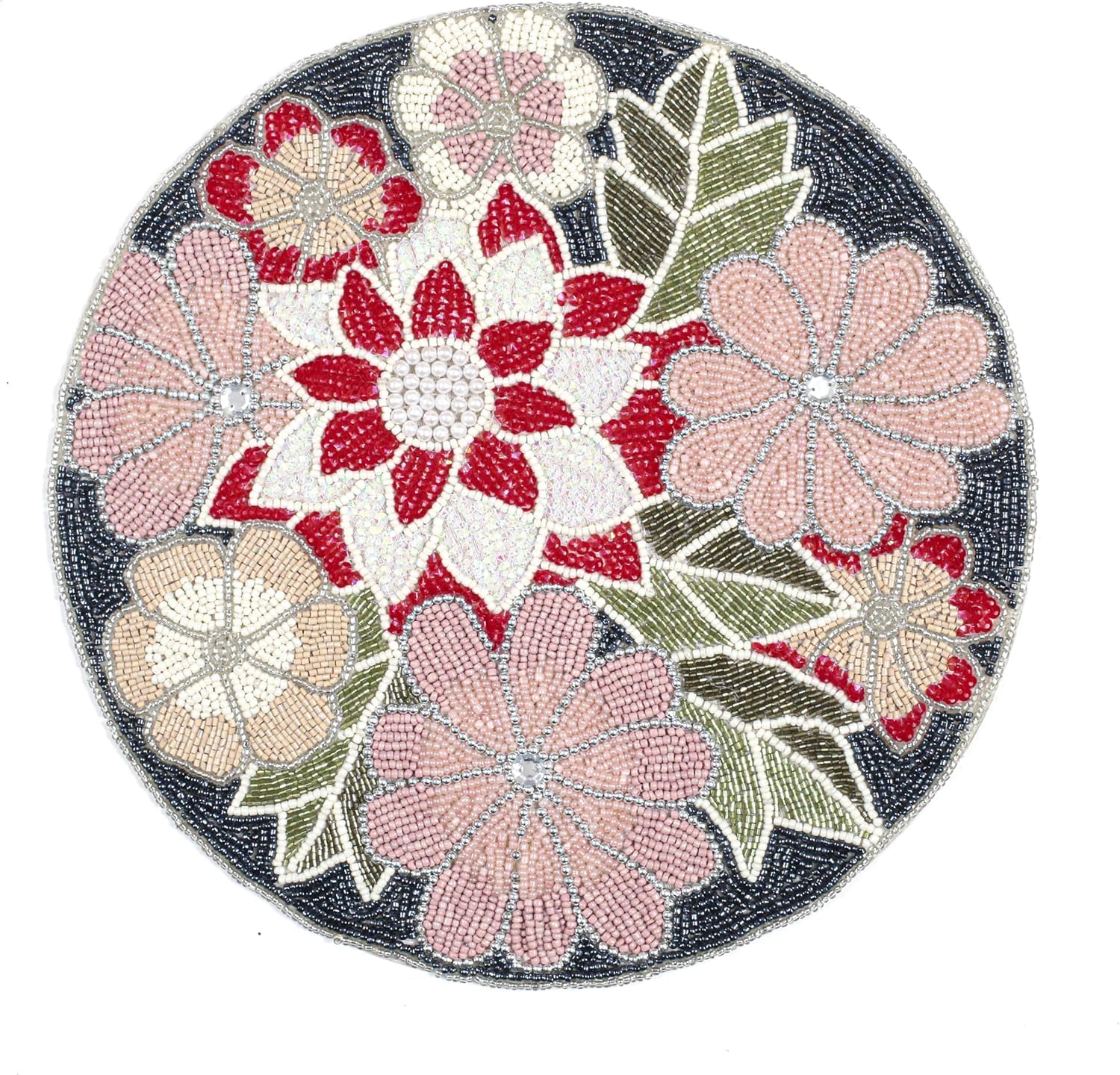 Beaded Placemats for Dining Table Multi Flower - Measure 13 Inches Beaded Placemats Round for Gathering, Christmas, Thanksgiving - Occasional Decoration and Family Parties Celebrations