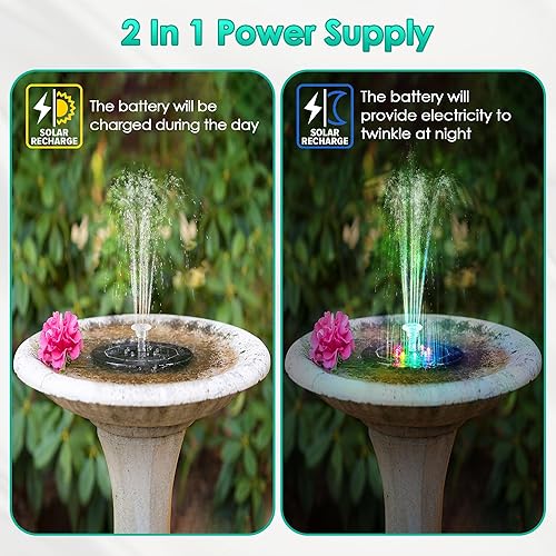 Miniatura 2 de Saillong Paquete de 2 bombas solares de 5 W para fuente de baño para pájaros con luces LED coloridas, batería y fuentes de agua de baño de pájaros