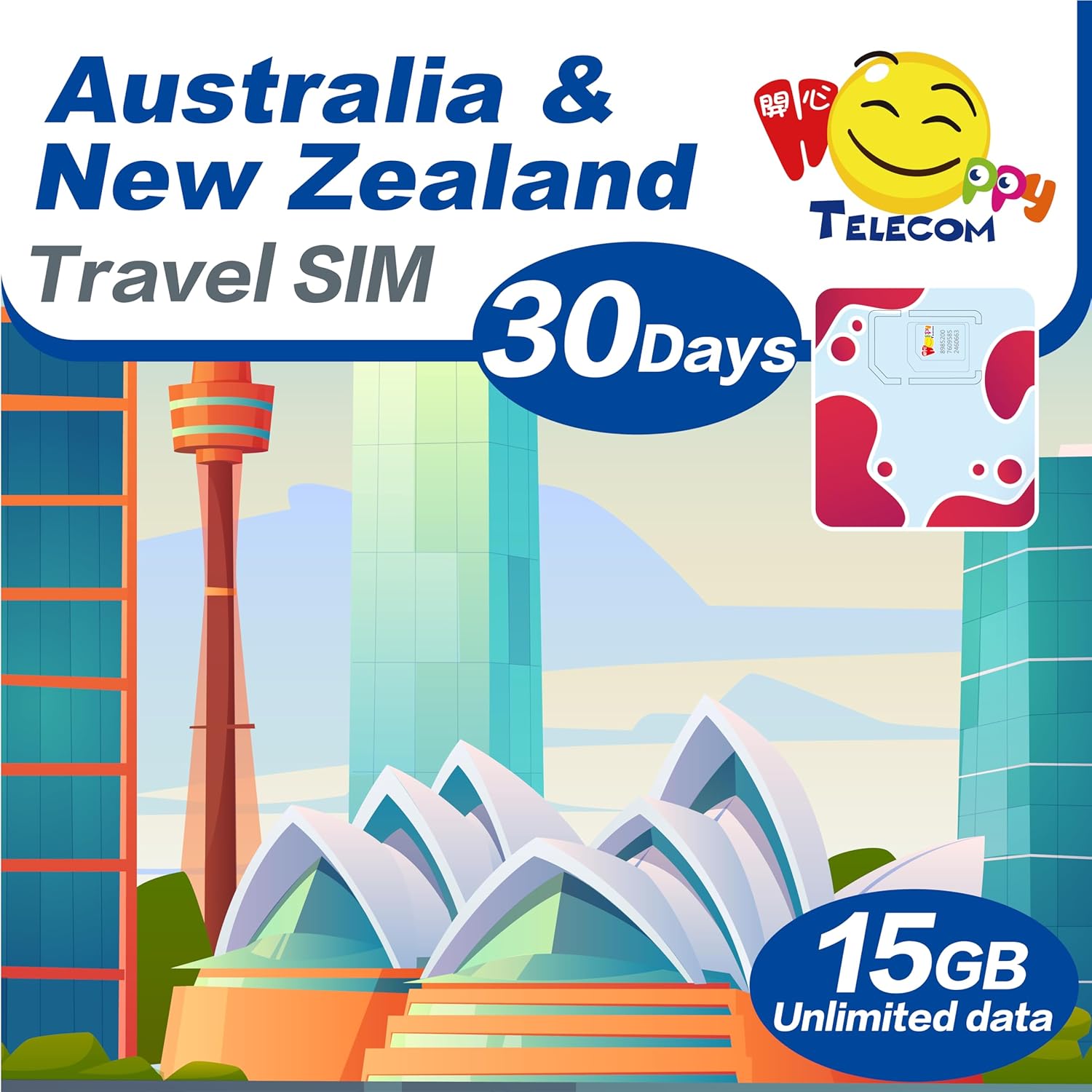 Happy 5G Australia and New Zealand 30 Days Unlimited Data Travel Sim Card | 15GB of 5G High-Speed Data Then 128kbps | Easy Activation | No Need Registration