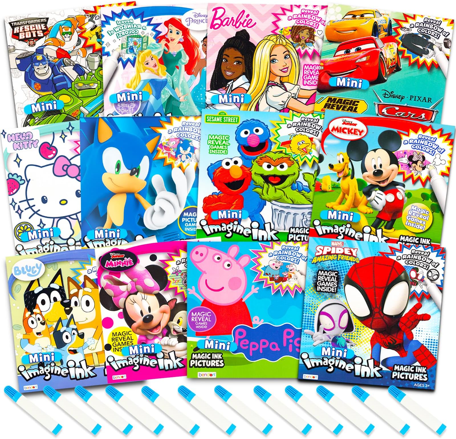 72 Mess Free Coloring Pages with Mini No Mess Markers - Imagine Ink Activity Bundle for Toddlers, Kids | Mickey, Bluey, Peppa Pig