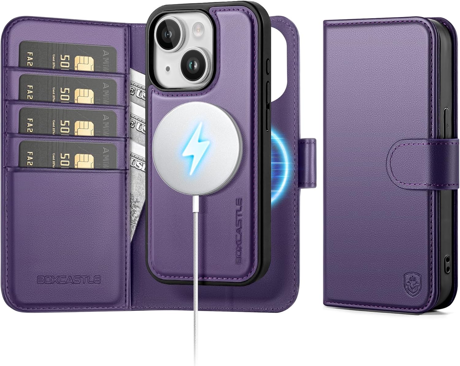Magnetic 2 in 1 Detachable Compatible with Magsafe iPhone 15 Genuine Wallet Case with Card Holder,Women Men Real Leather Flip RFID Blocking Credit Card Slots Stand Phone Cover,Purple