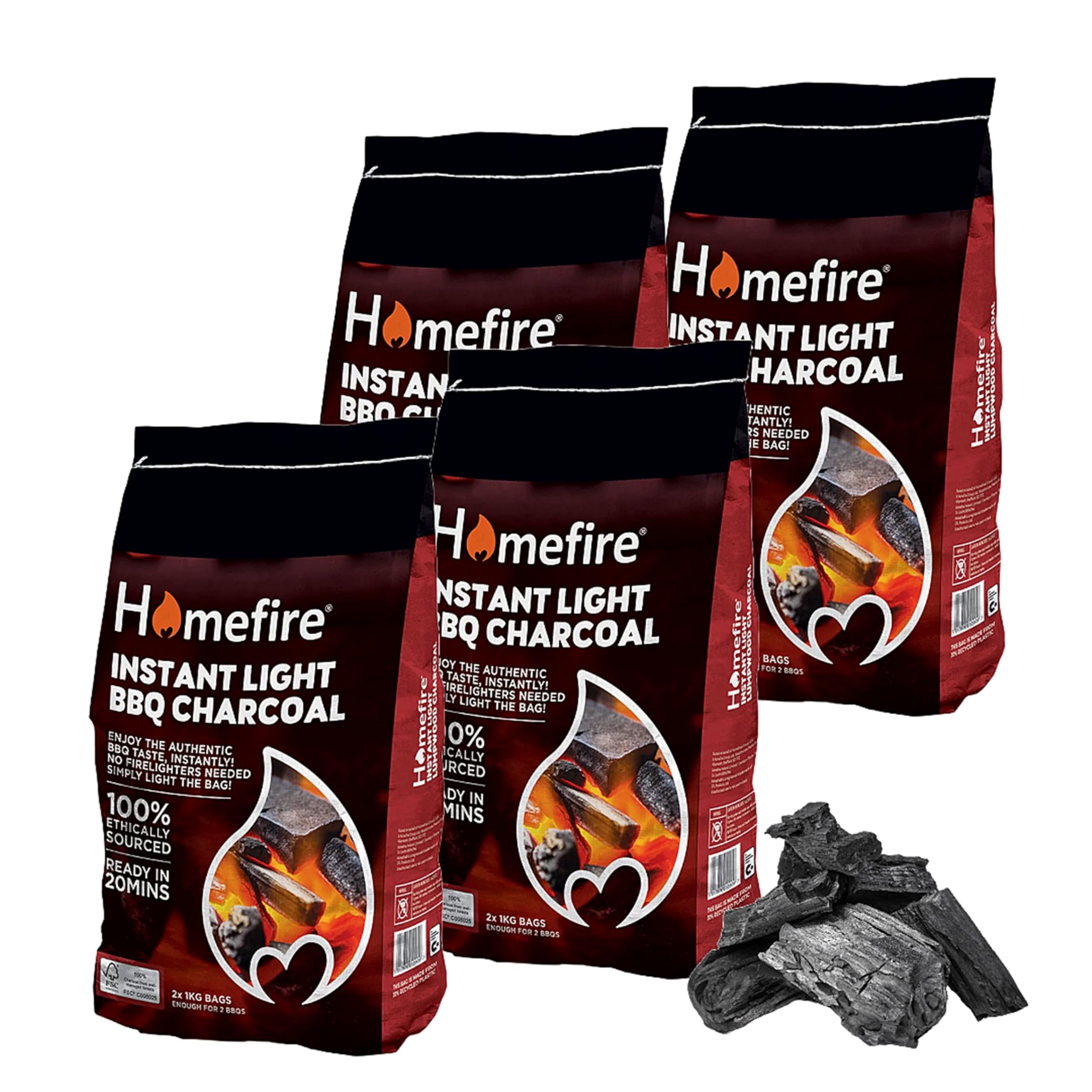 Instant Light Barbecue Charcoal Bulk Buy - Pack of 8 x 1kg BBQ Instant Light Lumpwood Charcoal Grill Bags with Topline Card for Outdoor Barbecues, Fire Pit, Camping BBQs