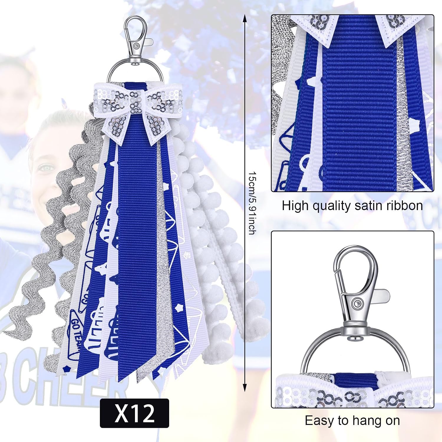 Thiccywoov 12 Pcs Cheer Keychain Bulk Cheerleading Bag Tag Cheer Ribbon Name Backpack Tags DIY Accessories Team Gift