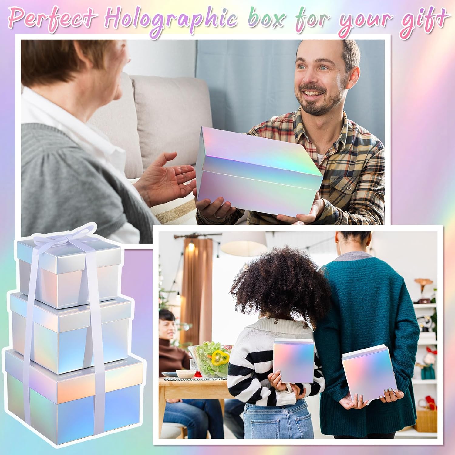 Fulmoon 3 Pack Holographic Silver Square Nesting Gift Boxes with Lids Set Assorted Sizes 7in 6in 5in with Ribbon for Wedding Graduation Birthday Presents Keepsake