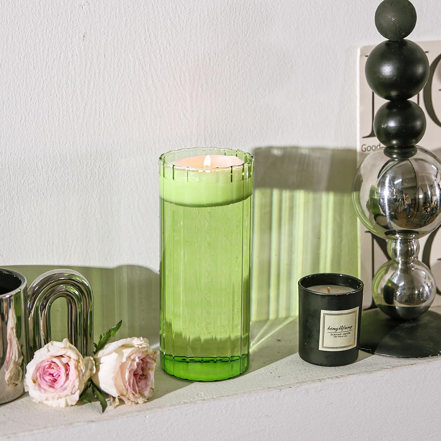 ComSaf Glass Cylinder Vases, Bud Vase for Centerpieces, 8 Inch Tall Ribbed Vase Hurricane Floating Candle Holder, Decorative Flower Vases for Wedding Reception, Home Decor, Housewarming Gift (Green) - Image 4