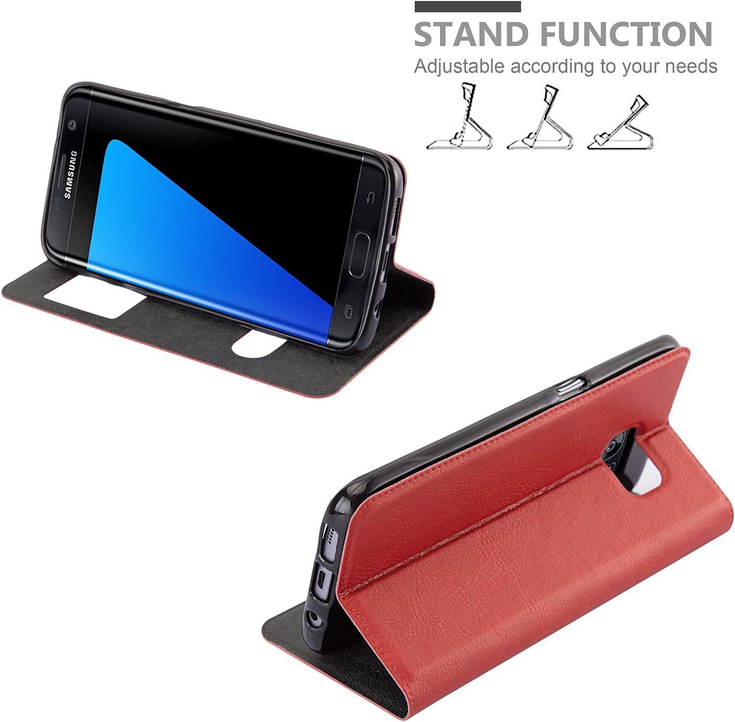 Cadorabo Book Case Compatible with Samsung Galaxy S7 Edge in Saffron RED - with Magnetic Closure, 2 Viewing Windows and Stand Function - Wallet Etui Cover Pouch PU Leather Flip