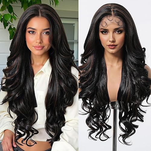 testar Pelucas onduladas largas de color marrón con reflejos rubios para mujeres negras, peluca rizada natural sin pegamento, encaje en parte