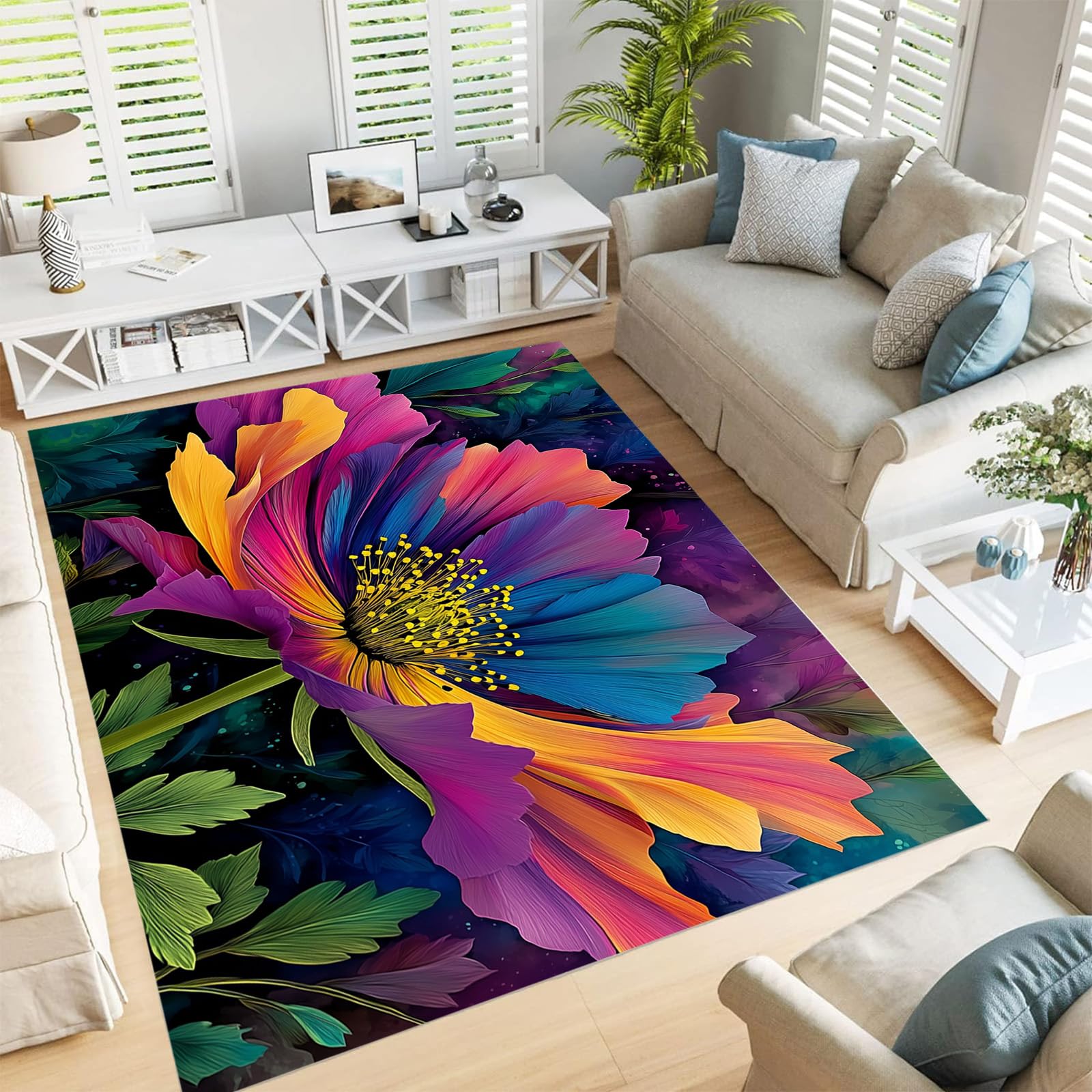 Tapis poils courts fleurs de plantes rose doux pour salon cocoon