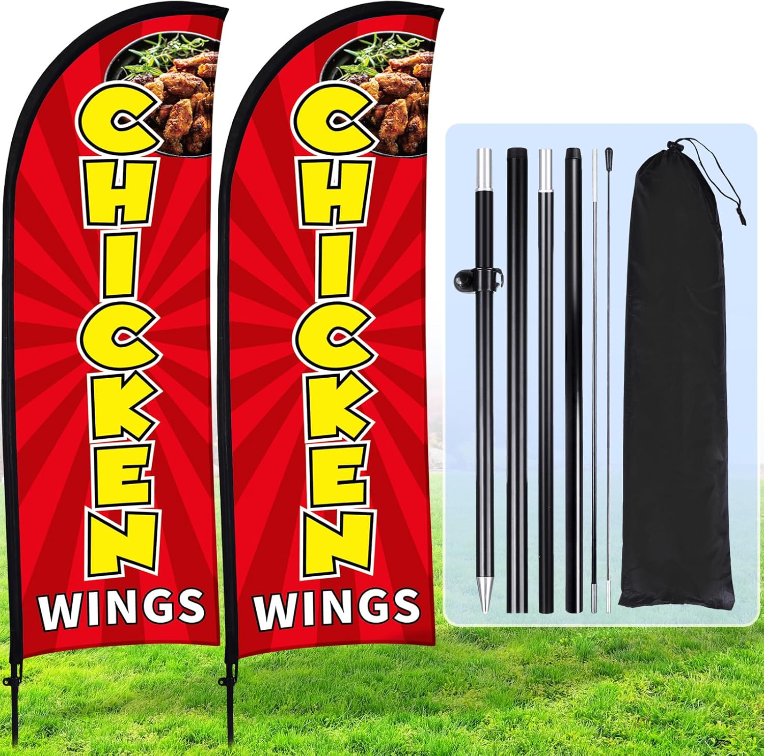 Buryeah 2 Sets Chicken Wings Feather Flag Kit 7ft Swooper for Advertising with Flagpole Ground Stake Portable Bag Feather Flowers Signs Banner for Business Outside Ground
