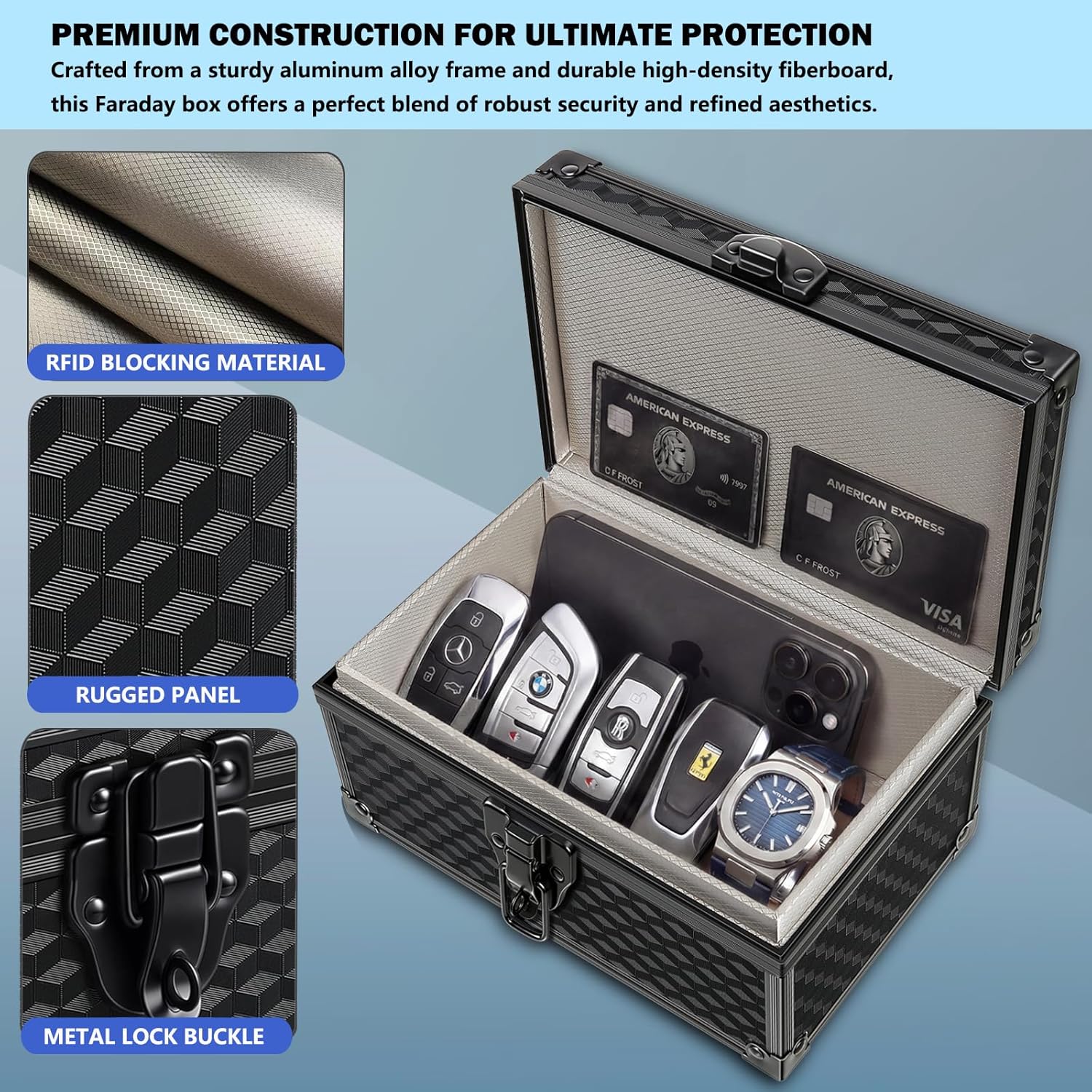 Faraday Box for Car Keys, Car Key Fob Signal Blocker RFID Blocking Protector, Secure Anti-Theft Shielding Cage for Keyless Entry (Black Rhombus)