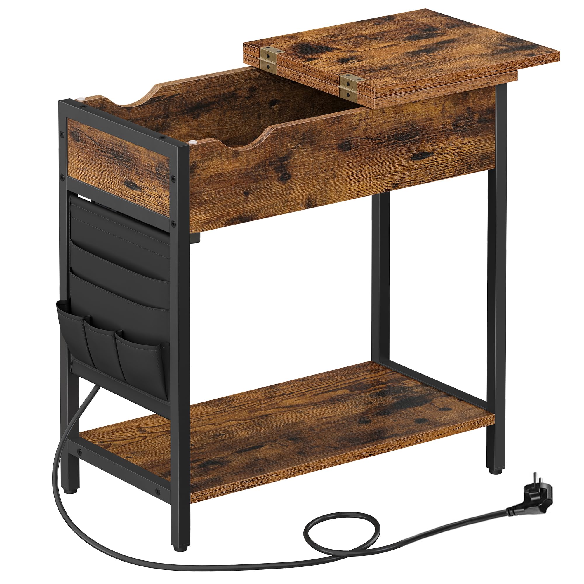 VASAGLE Beistelltisch, Nachttisch mit Steckdose, schmal, mit USB-Anschlüssen, Tasche, für Wohnzimmer, Schlafzimmer, vintagebraun-schwarz LET311B01