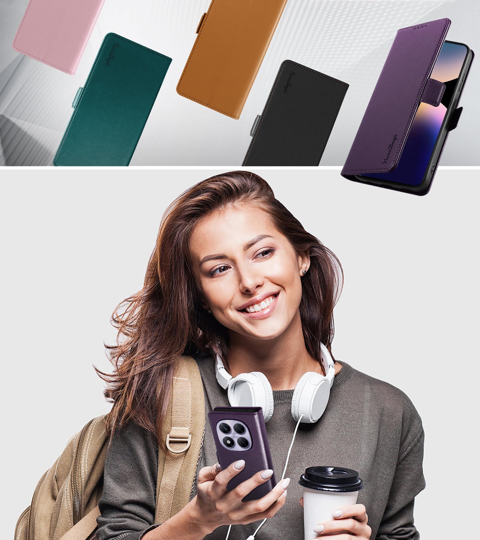 YunuBeyii Custodia A Portafoglio Con RFID Per Xiaomi Redmi Note 13 Pro 4G/Poco M6 Pro – Pelle PU Rosa, Supporto, Magnetica