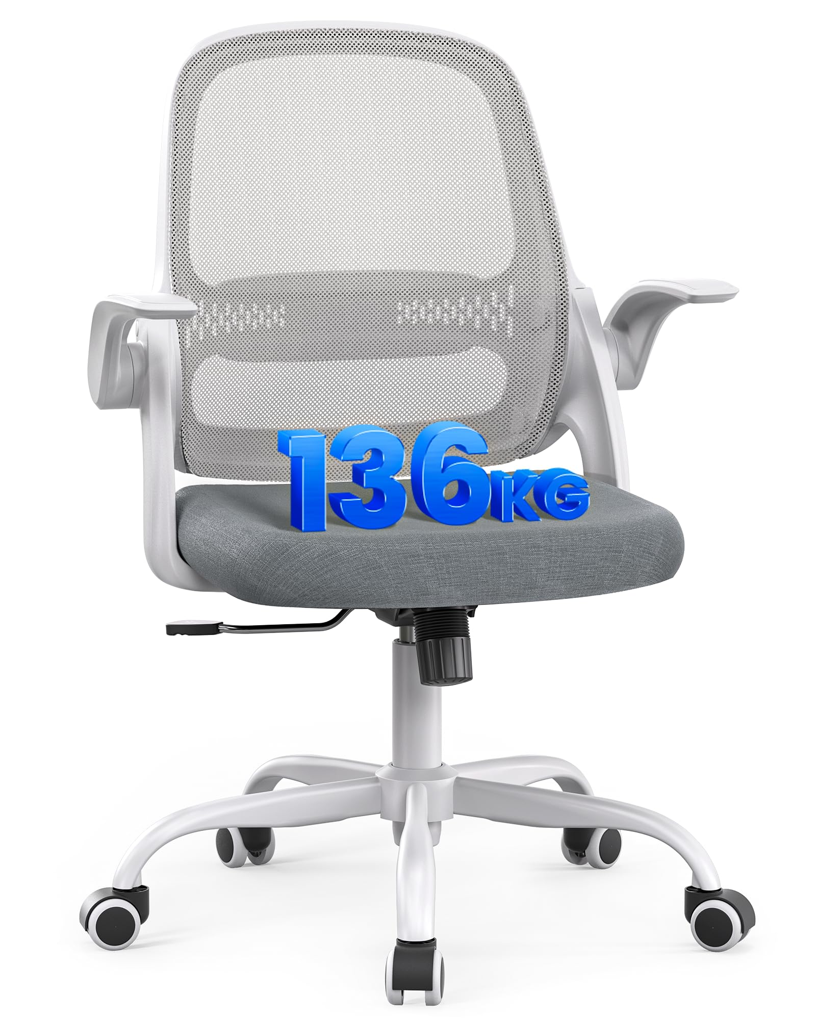 LukkDys Bürostuhl Ergonomisch, Schreibtischstuhl mit klappbaren Armlehnen, Mesh Computerstuhl höhenverstellbar, Drehstuhl für Home Office, Kinder & Studenten, Büro Sessel, Grau