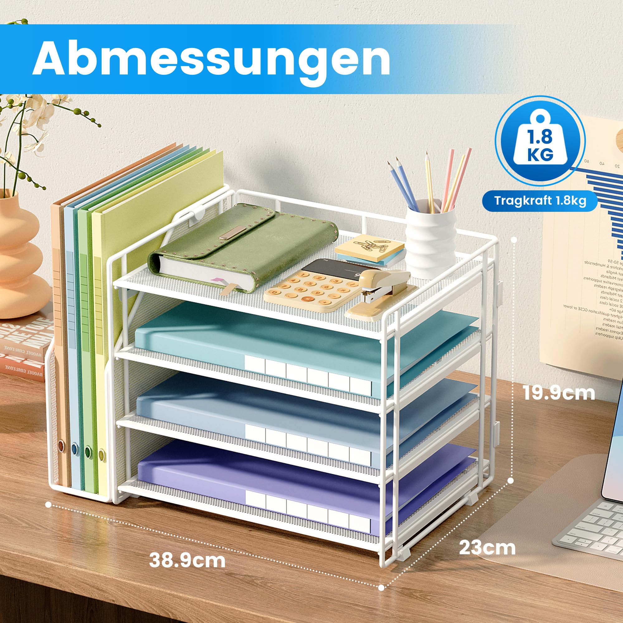 VITVITI Schreibtisch Organizer, 4 Ebenen Briefablage, Aktenhalter mit Stehsammlere, Büro Organizer für A4 Dokumentenablag, Zeitschriftensammler (Weiß)